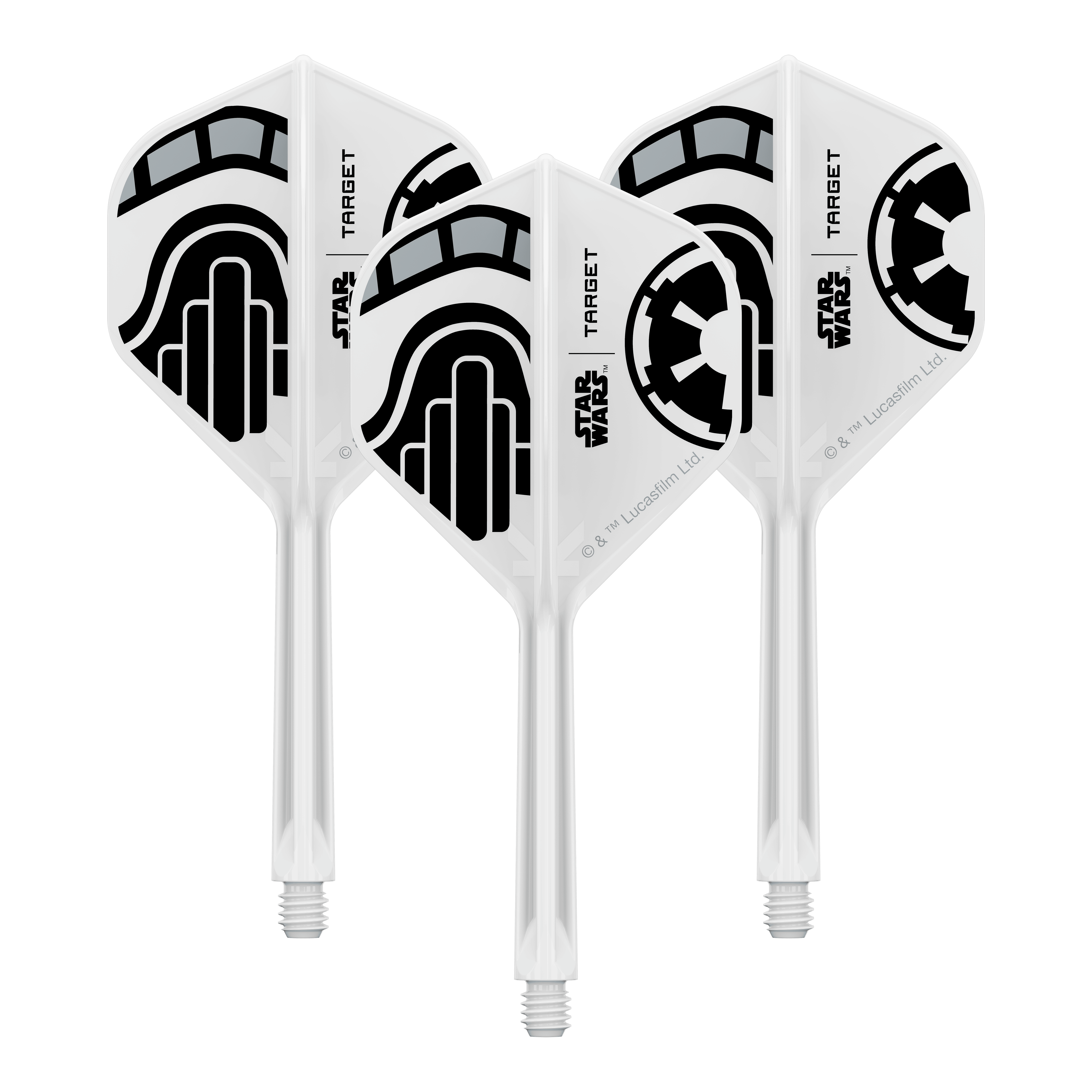 Voli standard Target Star Wars K-Flex Stormtrooper No2 Das Bild zeigt ein Set von Dart-Flights der Star Wars KFlex Stormtrooper No2 Standard Serie. Diese Version ist medium und hat eine Länge von 33 mm.