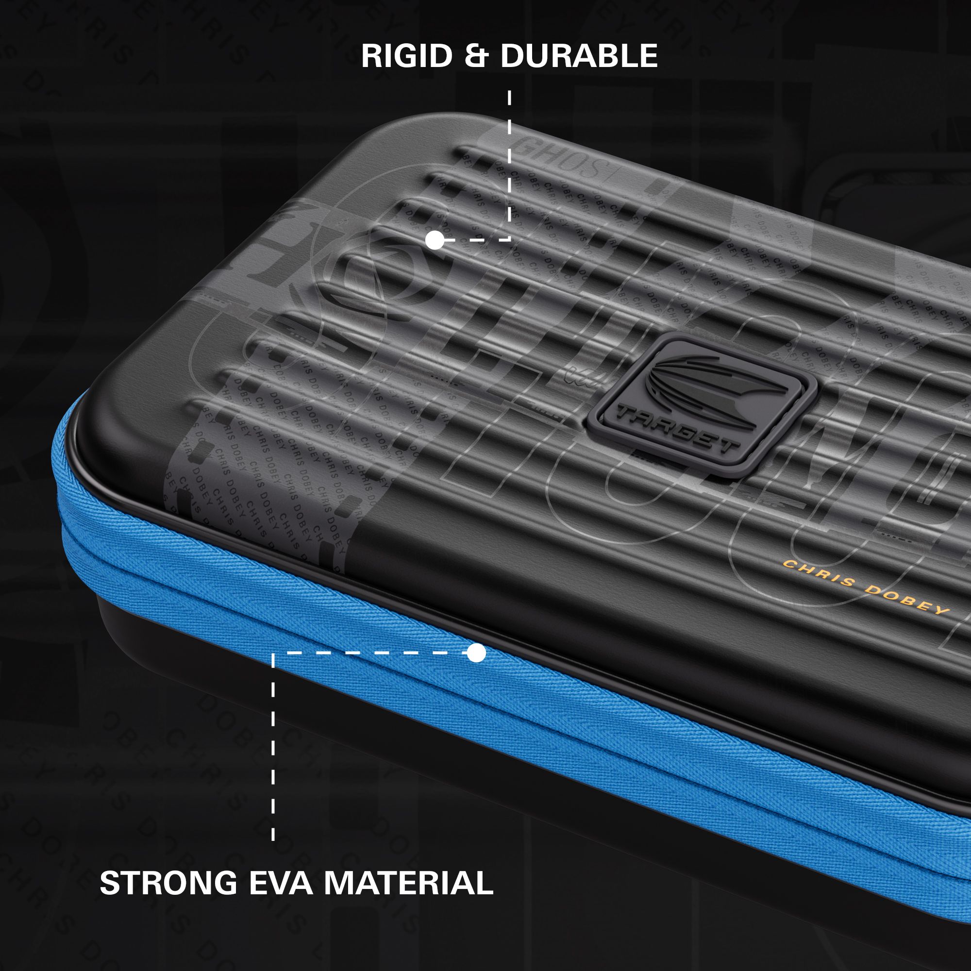 Custodia per freccette Takoma XL Ghost Series Chris Dobey Das Bild zeigt das Takoma XL Ghost Series Chris Dobey Dartcase. Dieses Dartcase ist für Darts-Fans geeignet und wurde nach dem Spieler Chris Dobey benannt.
