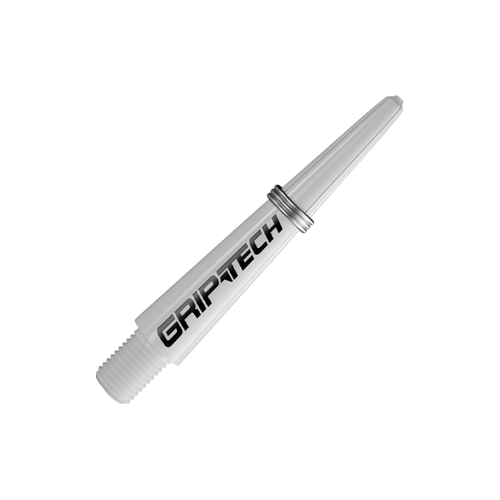 Alberi GOAT Griptech - Bianco Das Bild zeigt einen weißen Dart-Schaft mit der Aufschrift "GRIPTECH". Der Schaft hat ein Gewinde an einem Ende und einen silbernen Ring in der Mitte.