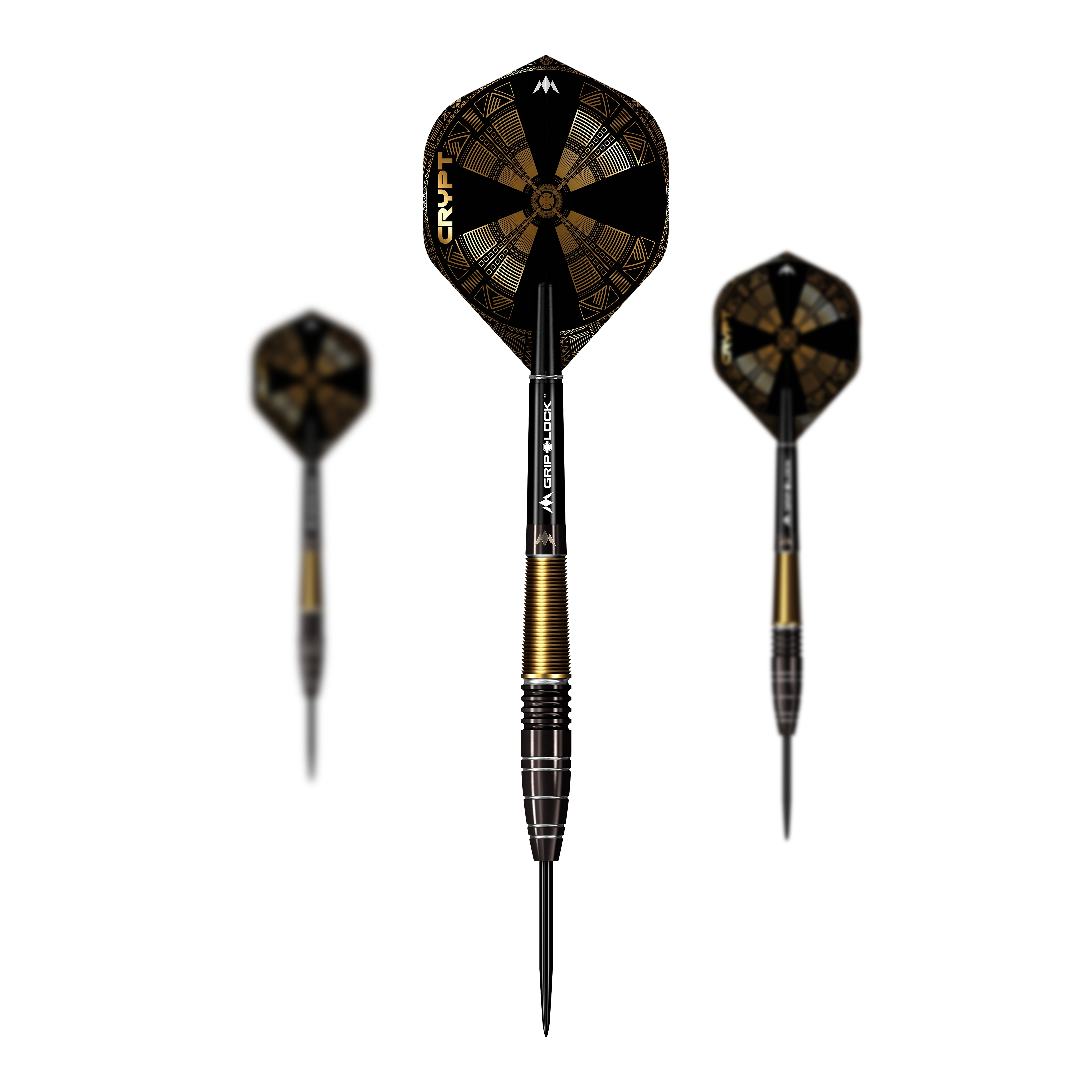 Freccette in acciaio Mission Crypt modello 1 - 22 g Die Abbildung zeigt drei Steeldarts des Modells "Mission Crypt Model 1" mit einem Gewicht von 22g. Die Darts sind schwarz-golden gestaltet und haben ein modernes, geometrisches Flight-Design.