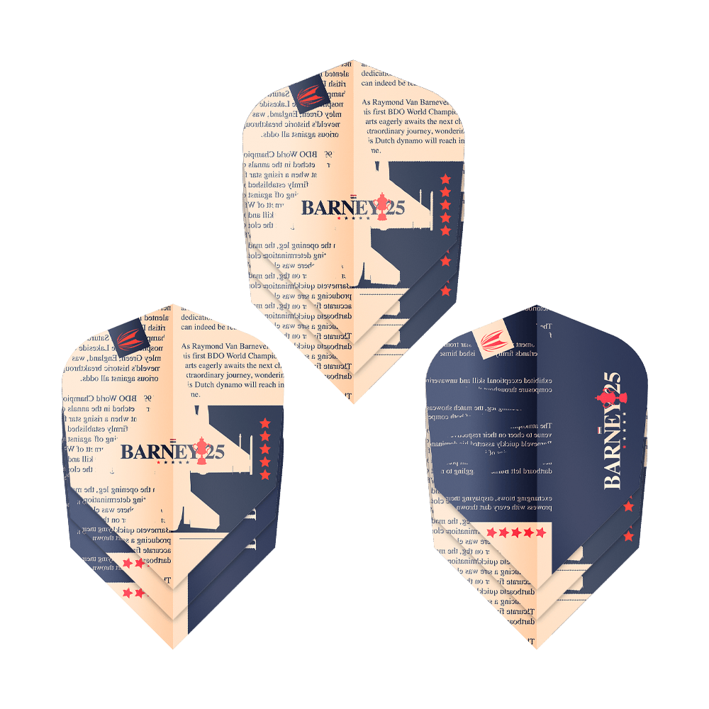 Target ProUltra Raymond Van Barneveld Barney25 voli Ten-X Das Bild zeigt drei Dart-Flights mit dem Design „BARNEY25“ und Sternen. Sie sind in den Farben Dunkelblau und Beige gehalten und tragen Text sowie ein Logo.