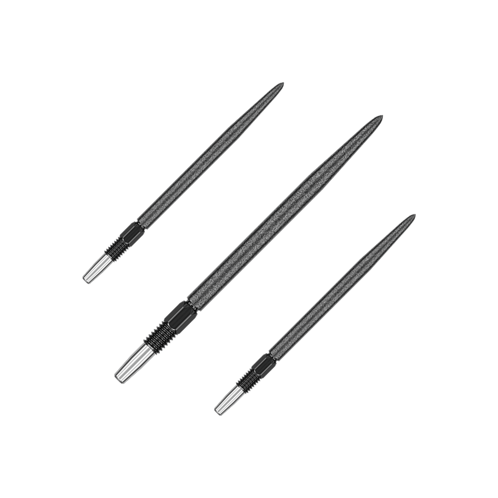Punte per freccette Target Swiss Point SLK - Nere Das Bild zeigt drei schwarze Dartspitzen, die nebeneinander liegen. Sie haben eine metallische Spitze und einen geriffelten Abschnitt am Ende.