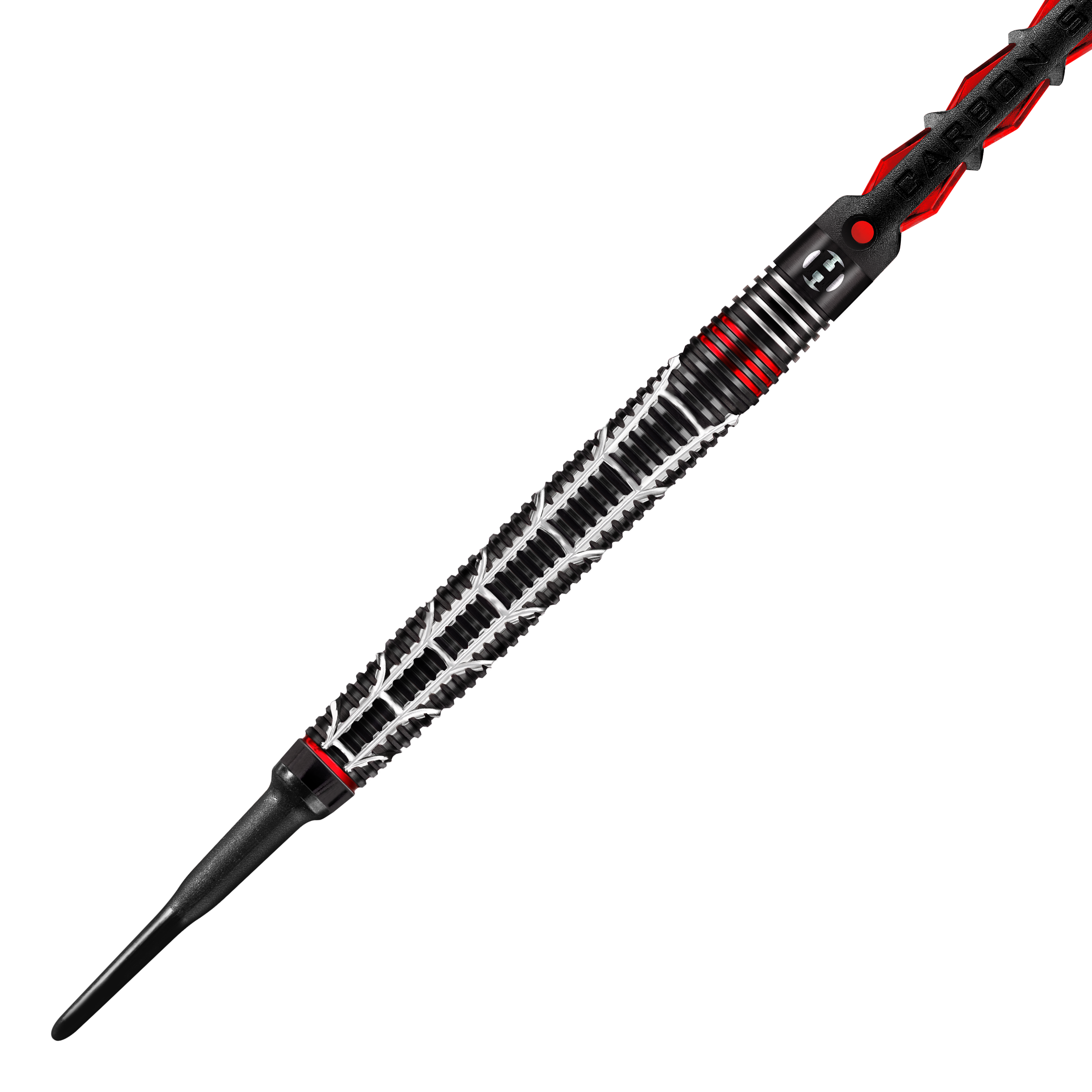 Freccette morbide Harrows Atrax Auf dem Bild ist ein Softdart-Pfeil mit einem auffällig gemusterten, schwarzen Griff zu sehen. Der Dart hat silberne und rote Akzente, die ihm ein modernes und sportliches Aussehen verleihen.