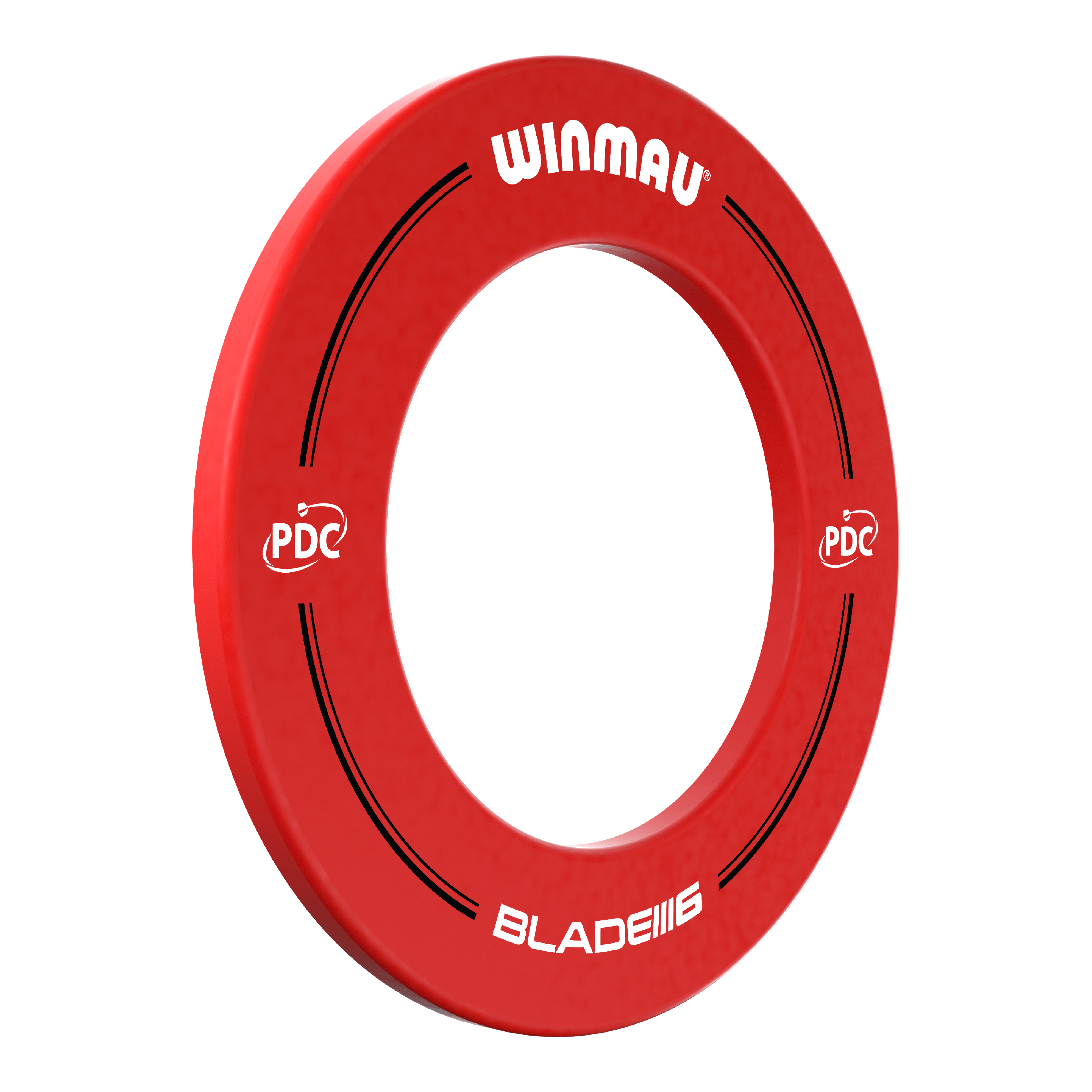 Das Bild zeigt einen roten Dartboard-Surround von Winmau mit der Aufschrift „PDC“ und „BLADE 6“. Der Surround dient dazu, die Wand rund um ein Dartboard vor abprallenden Pfeilen zu schützen.