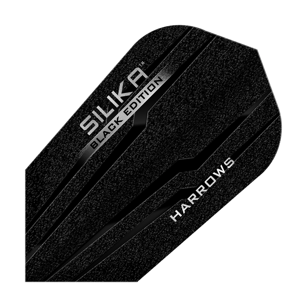 Alette sottili Harrows Silika Black Edition Das Bild zeigt das Produkt "Harrows Silika Black-Edition Slim Flights". Die Dart-Flights sind schwarz mit silbernen Schriftzügen und einem modernen Design.