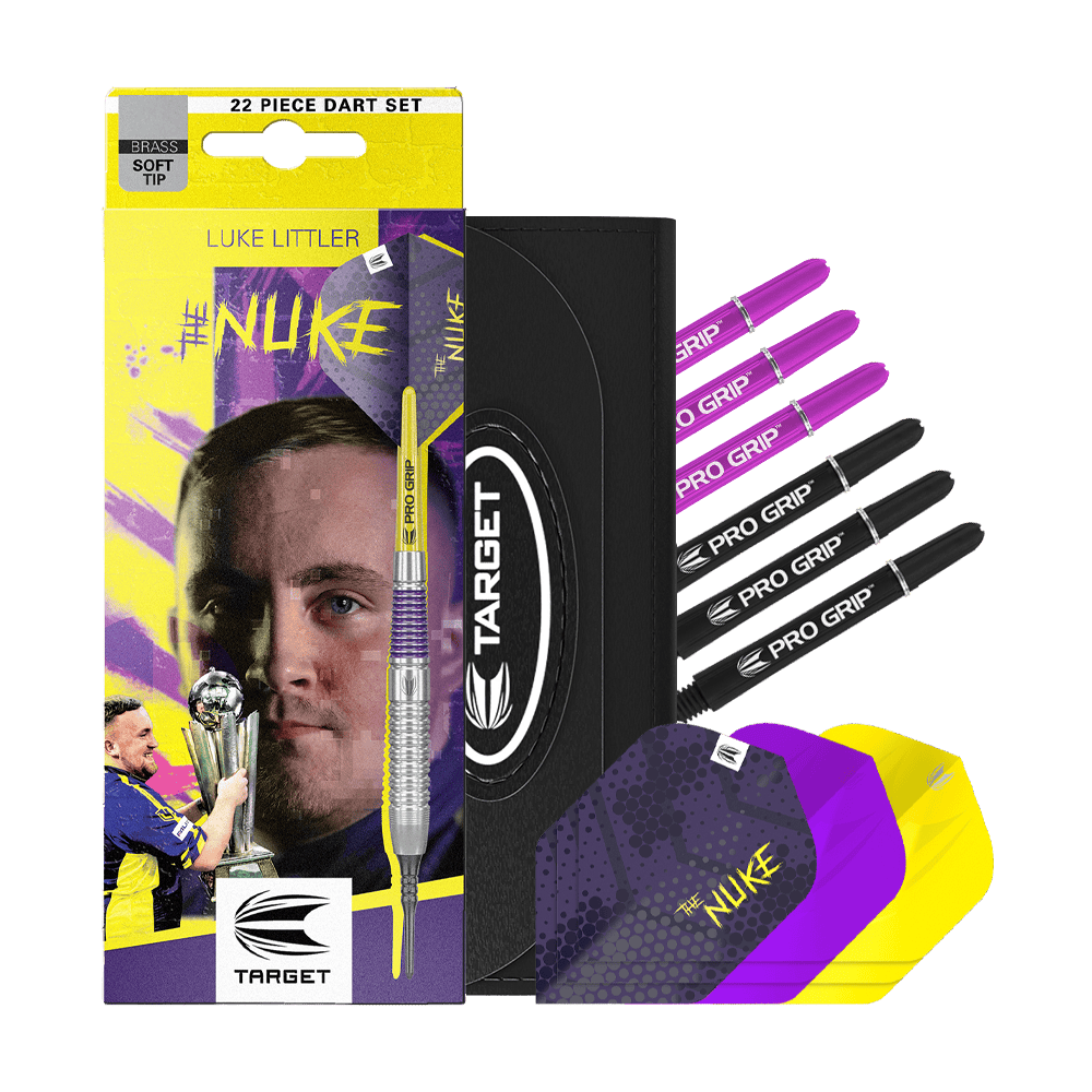 Freccette morbide Target Luke Littler in ottone - 19 g Das Bild zeigt die Target Luke Littler Brass Softdarts - 19g. Die Darts eignen sich zum Spielen auf elektronischen Dartboards.