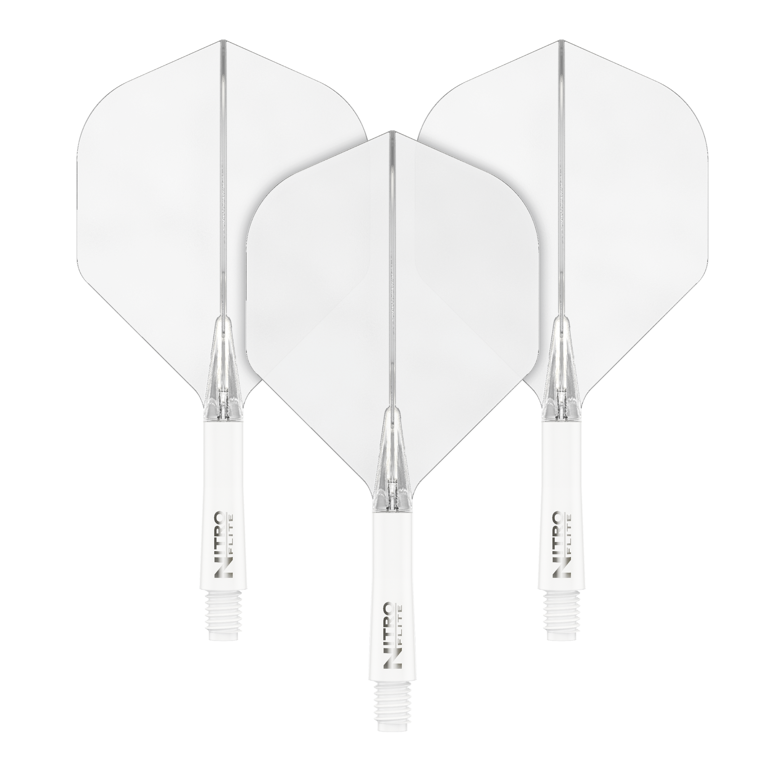 Voli Red Dragon Nitroflite - White Shaft Clear No2 Das Bild zeigt drei weiße Dartflights mit weißen Schäften. Sie sind nebeneinander auf schwarzem Hintergrund angeordnet.