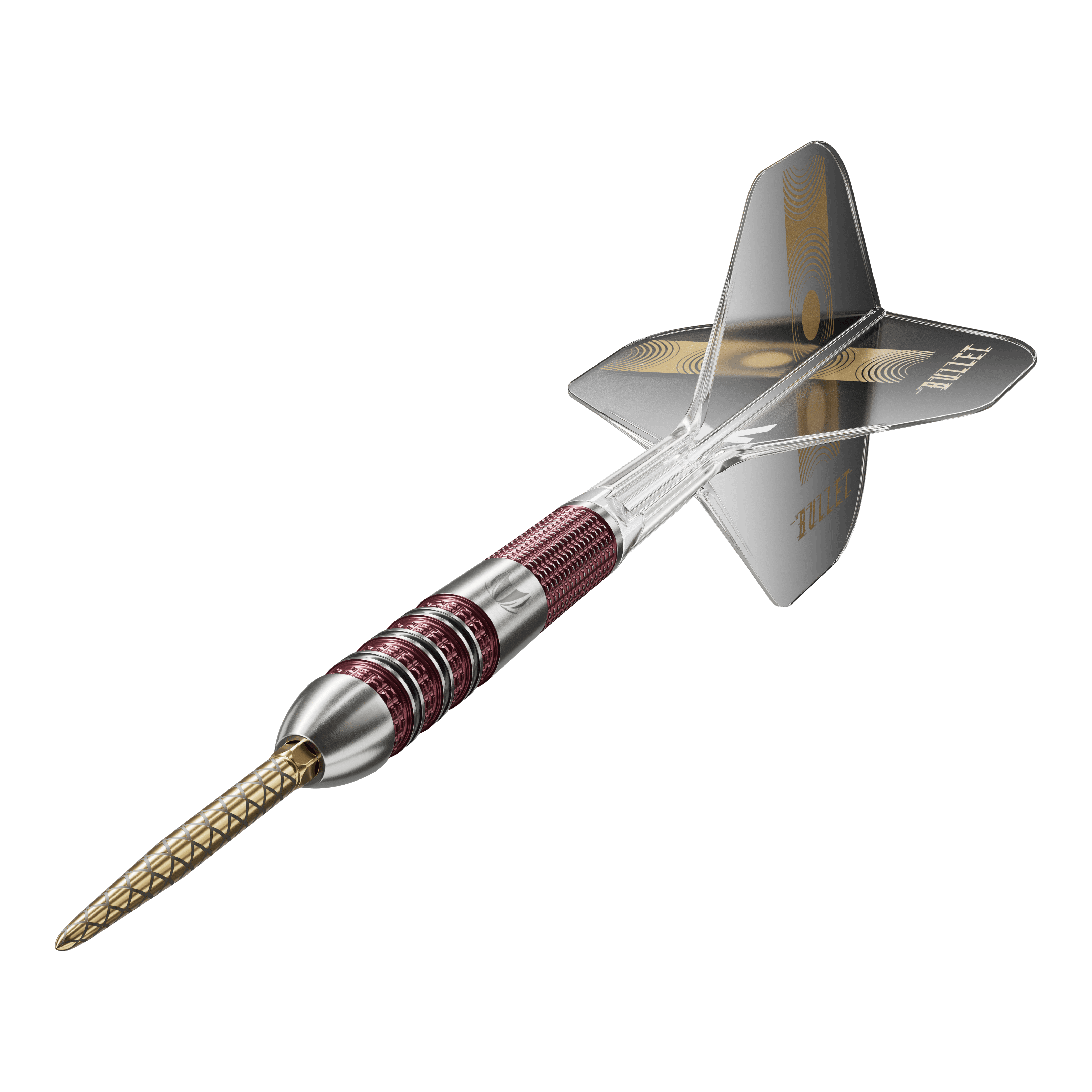Freccette in acciaio Target Stephen Bunting 95K Swiss Point Das Bild zeigt einen Target Stephen Bunting 95K Swiss Point Steeldart. Der Dartpfeil hat einen metallic-roten Griff, eine goldene Spitze und schwarze Flights mit dem Schriftzug "BULLET".