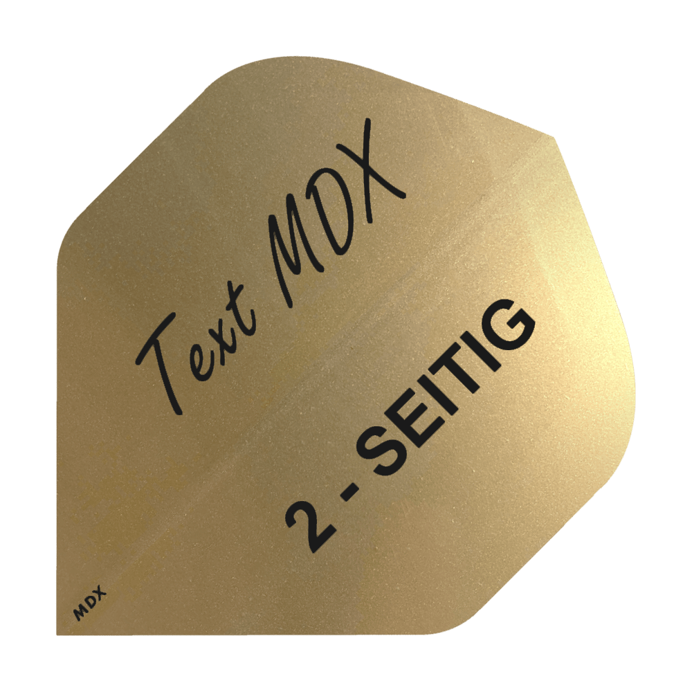 10 set di voli metallici stampati, fronte-retro - testo personalizzato - standard MDX Das Bild zeigt ein goldfarbenes Dartflight mit schwarzer Aufschrift. Darauf steht „Text MDX“ und „2-SEITIG“.