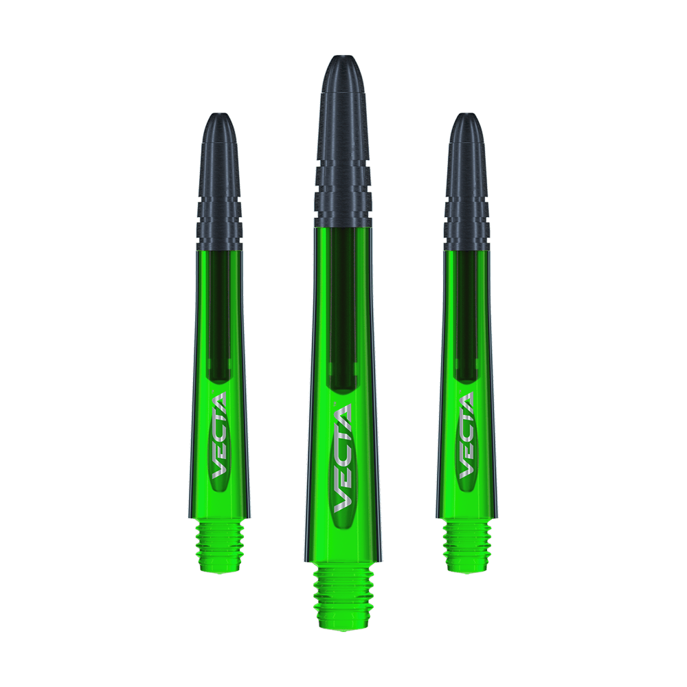Das Bild zeigt drei grüne Winmau Vecta Shafts für Darts. Sie haben einen schwarzen oberen Teil und das Wort "Vecta" steht auf jedem Shaft.