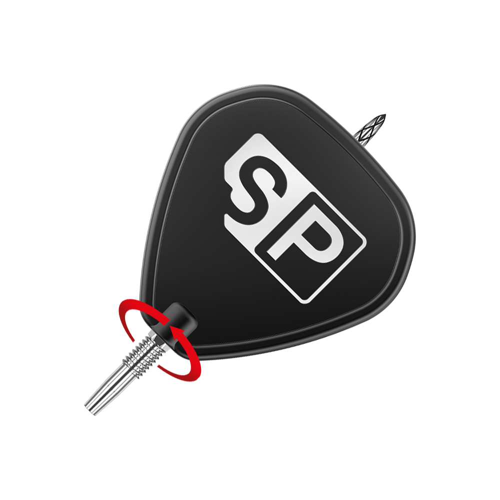 Puntali per freccette Target Swiss DS Surge Point - Argento Das Bild zeigt die Spitze eines Dartpfeils mit einem schwarzen Flight, auf dem die Buchstaben "SP" in Weiß abgebildet sind. Ein roter Pfeil weist auf den Befestigungspunkt der Spitze hin.