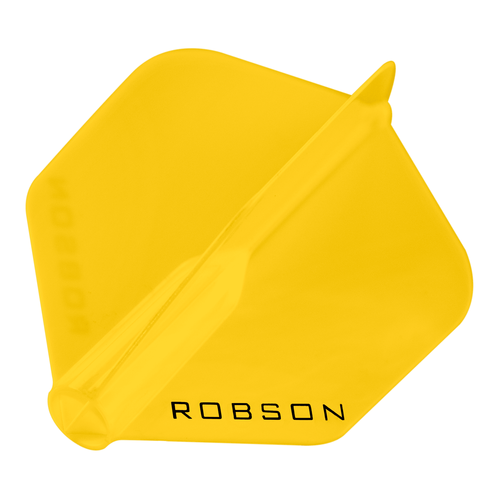 Robson Plus Standard Flights Das Bild zeigt einen gelben Dartflight der Marke Robson. Auf dem Flight steht das Wort "ROBSON" in schwarzer Schrift.