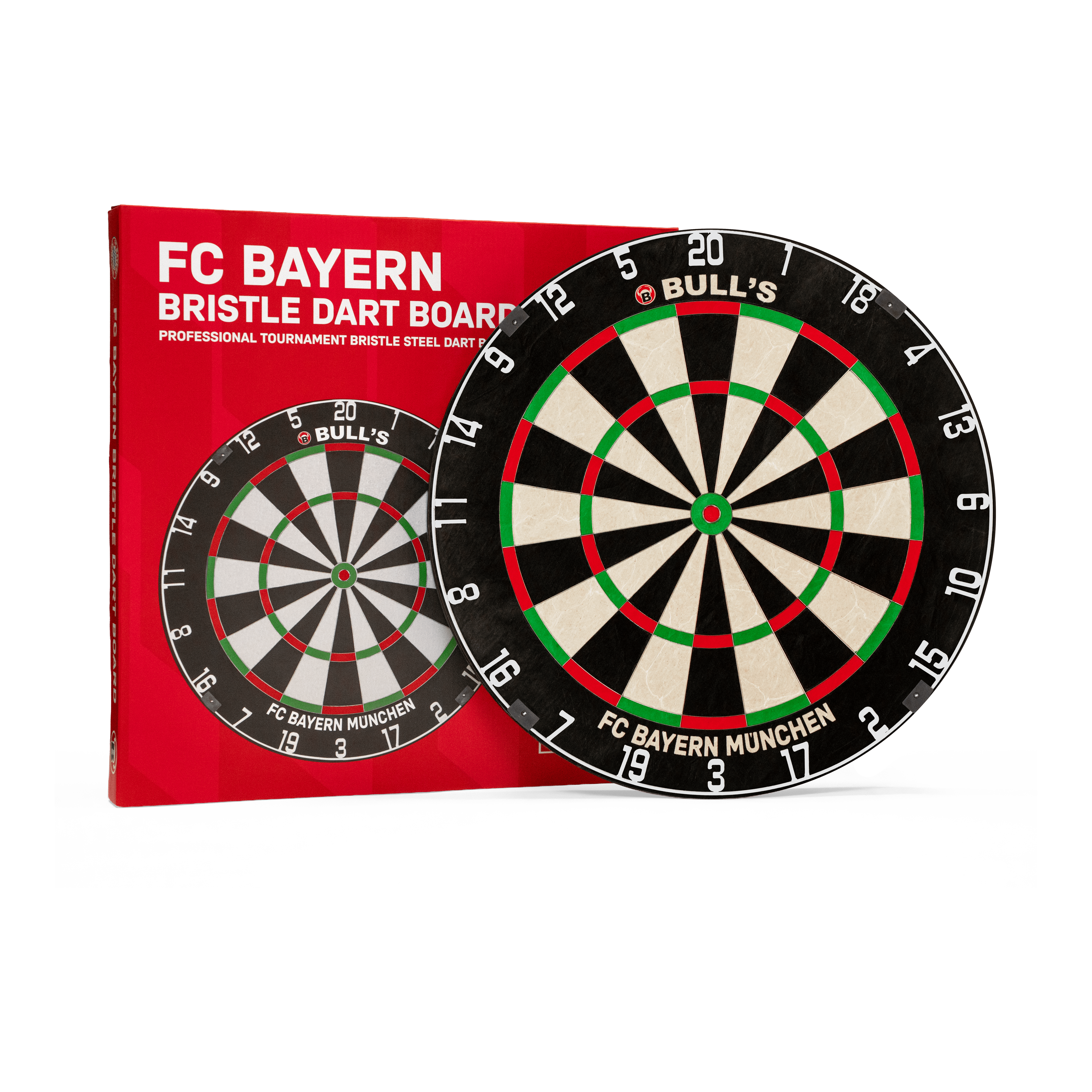 Bersaglio per freccette in acciaio con setole Bulls FC Bayern Monaco Das Bild präsentiert das Bulls FC Bayern München Bristle Steeldartboard. Es handelt sich um ein Steeldartboard mit FC Bayern München Logo.