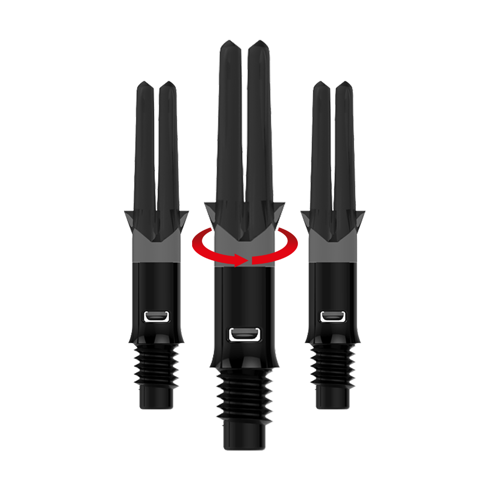 Das Bild zeigt ein Set von schwarzen, geraden Dartshafts ohne Kappen. Die Datei heißt L-Style_L-Shafts_Silent_Straight_Schwarz_OhneKappen_26mm_1Set_Symbol.