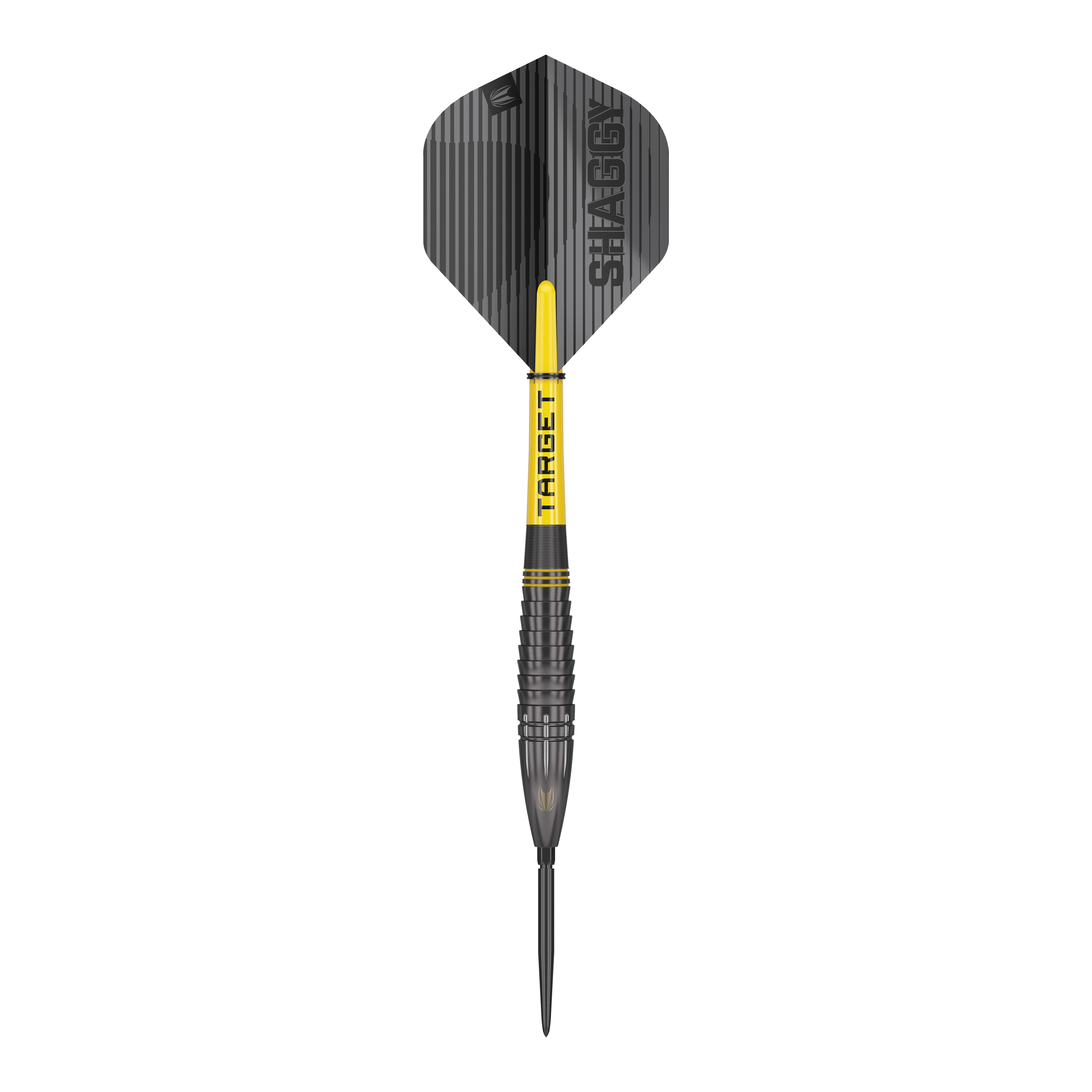 Freccette in acciaio Target Scott Williams Shaggy Black Swiss Point Dies ist ein Target Scott Williams Shaggy Black Swiss Point Steeldart. Der Dart hat ein schwarzes Design mit gelben Akzenten und der Aufschrift "SHAGGY" auf dem Flight.