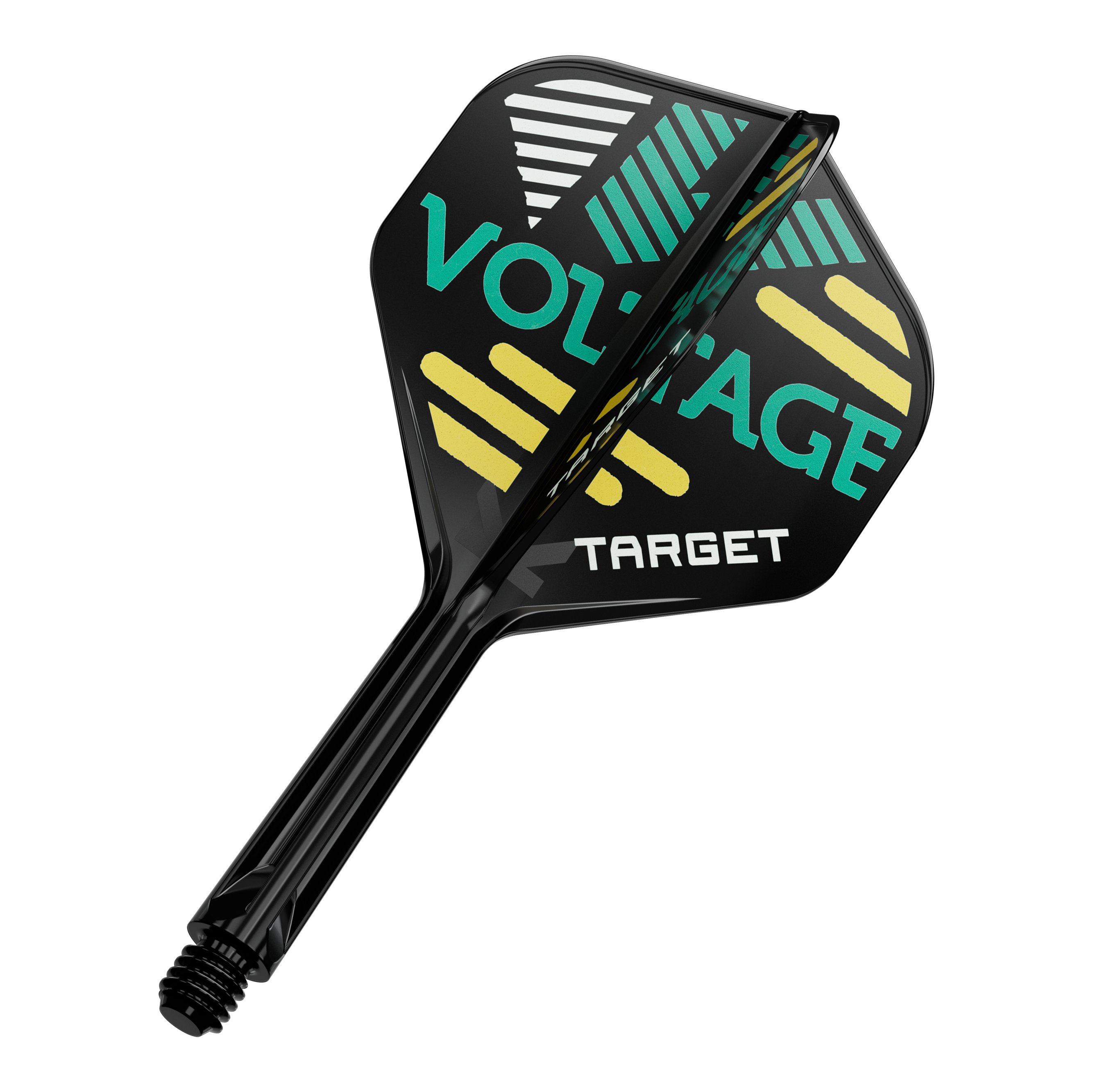 Sistema di alberi di volo standard Target K-Flex Rob Cross No2 Auf dem Bild ist ein Dart-Flügel mit Schaft zu sehen. Auf dem schwarzen Flügel steht in grüner und gelber Schrift „VOLTAGE“ und „TARGET“.