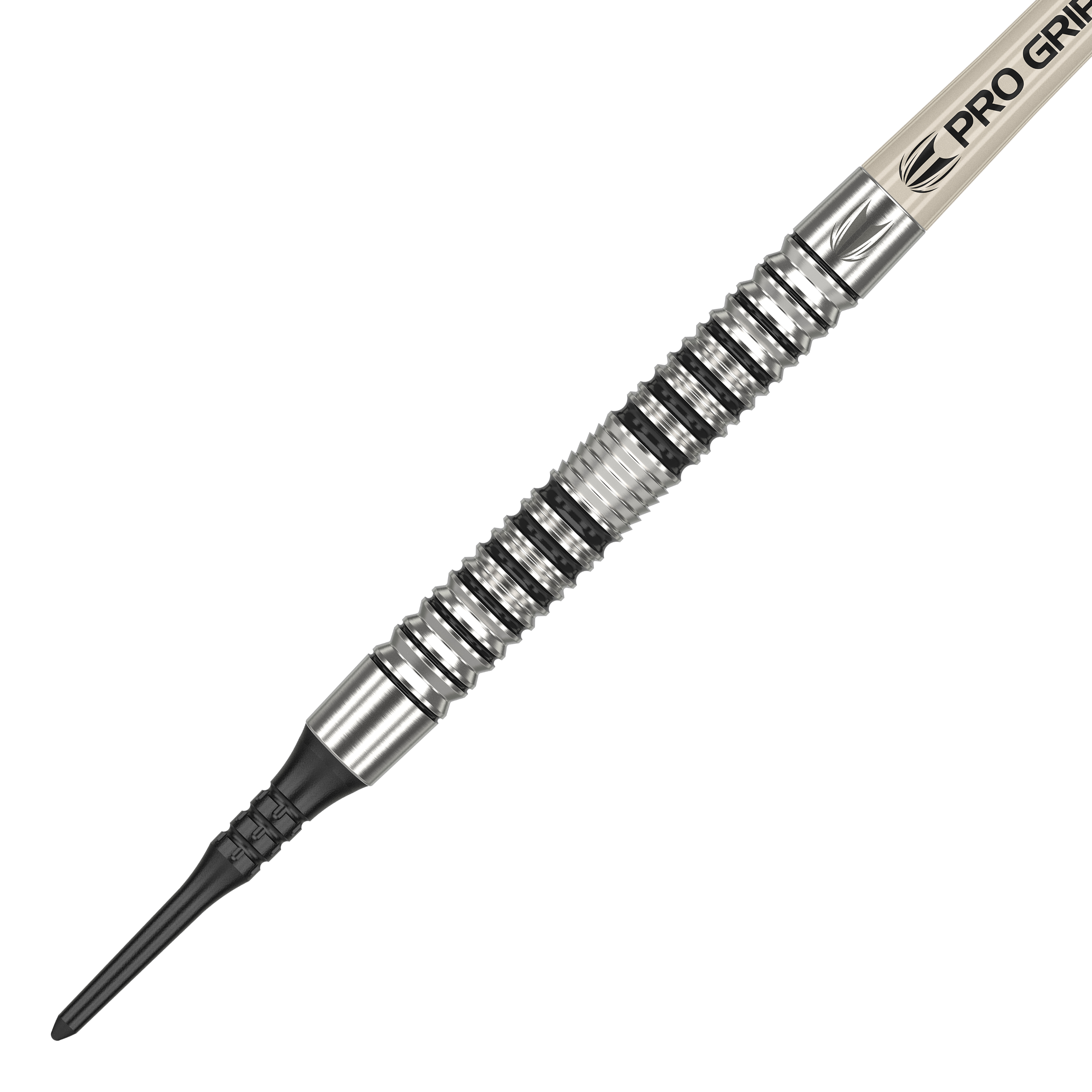 Freccette morbide Target EXO 10 Das Bild zeigt einen Target EXO 10 Softdart. Der Dartpfeil hat ein silbernes, gerilltes Griffstück und eine schwarze Kunststoffspitze.