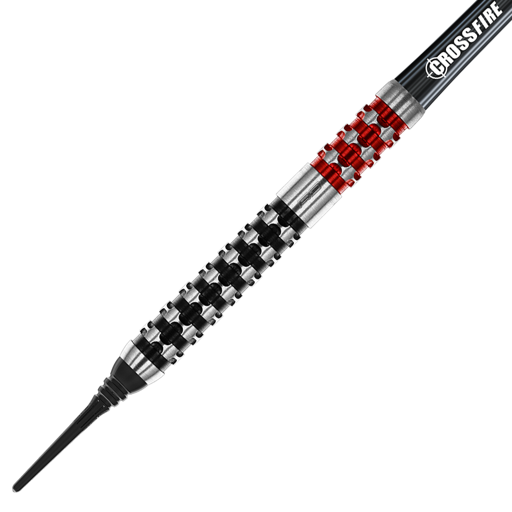 RD2549_Red_Dragon_Crossfire_Softdarts_2 Das Bild zeigt einen Red Dragon Crossfire Softdart mit einem Gewicht von 20 Gramm. Der Dart hat ein markantes, silbernes Design mit roten und schwarzen Akzenten.