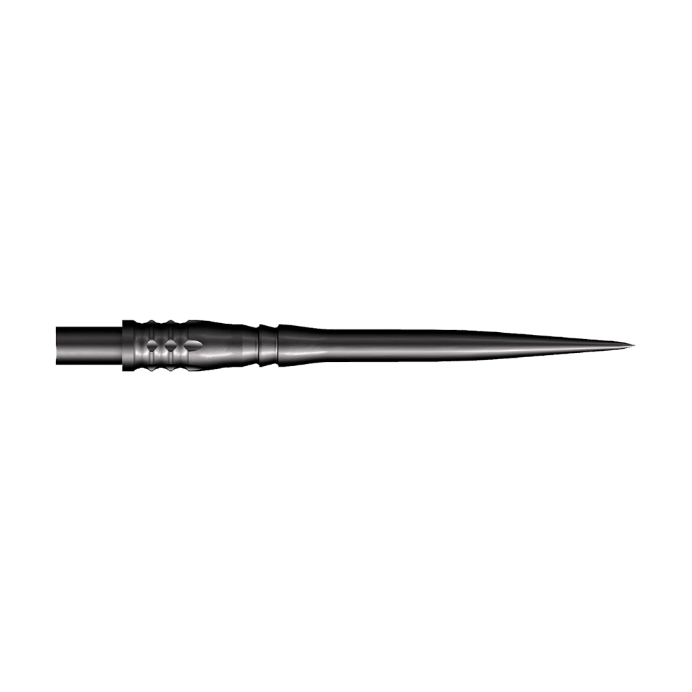 Punte per freccette Shot Cone Rocket Steel - Nere - 35 mm Das Bild zeigt eine schwarze Steeldart-Spitze mit einer Länge von 35 mm. Die Spitze hat ein schlankes, spitz zulaufendes Design und strukturierte Rillen am Schaft.