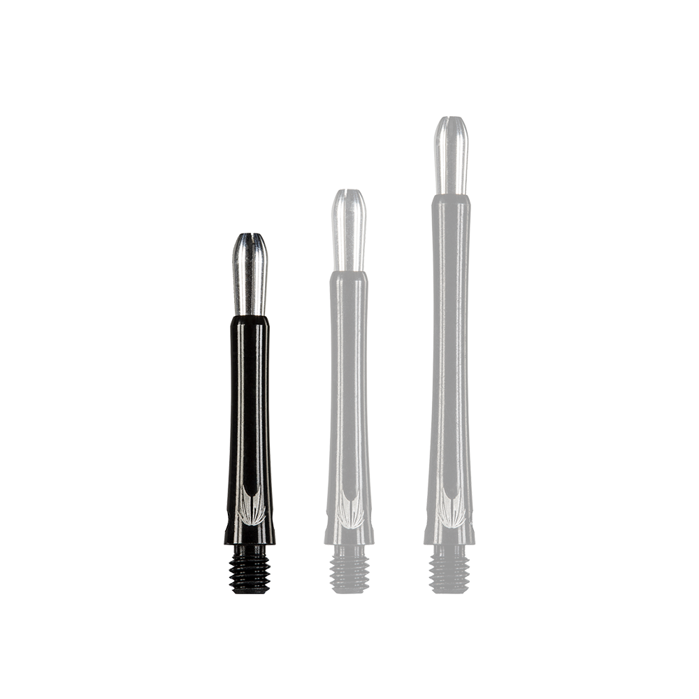 146230_Target_Grip_Style_Aluminium_Shafts_Schwarz_348mm_1Helm198qxQmEr Das Bild zeigt drei schwarze Aluminium-Dartschäfte in unterschiedlichen Längen. Die Schäfte haben ein glänzendes Metallende und ein eingraviertes Muster.