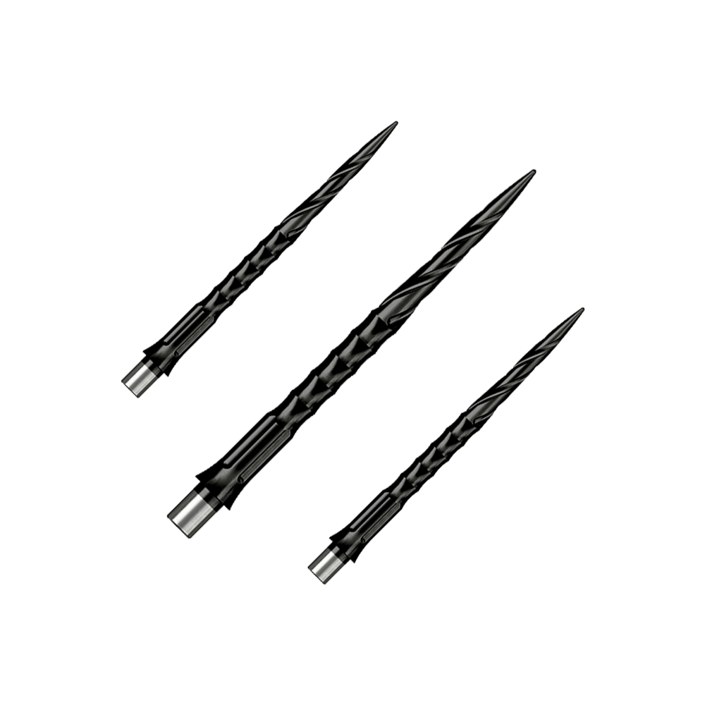 Punte per freccette in acciaio Caliburn System - Spiro - No Lip - Nero Gezeigt wird ein Set von Steeldartspitzen Caliburn Evo System Spiro NoLip Black, 36mm. Die Spitzen sind für Steeldarts geeignet und schwarz gefärbt.