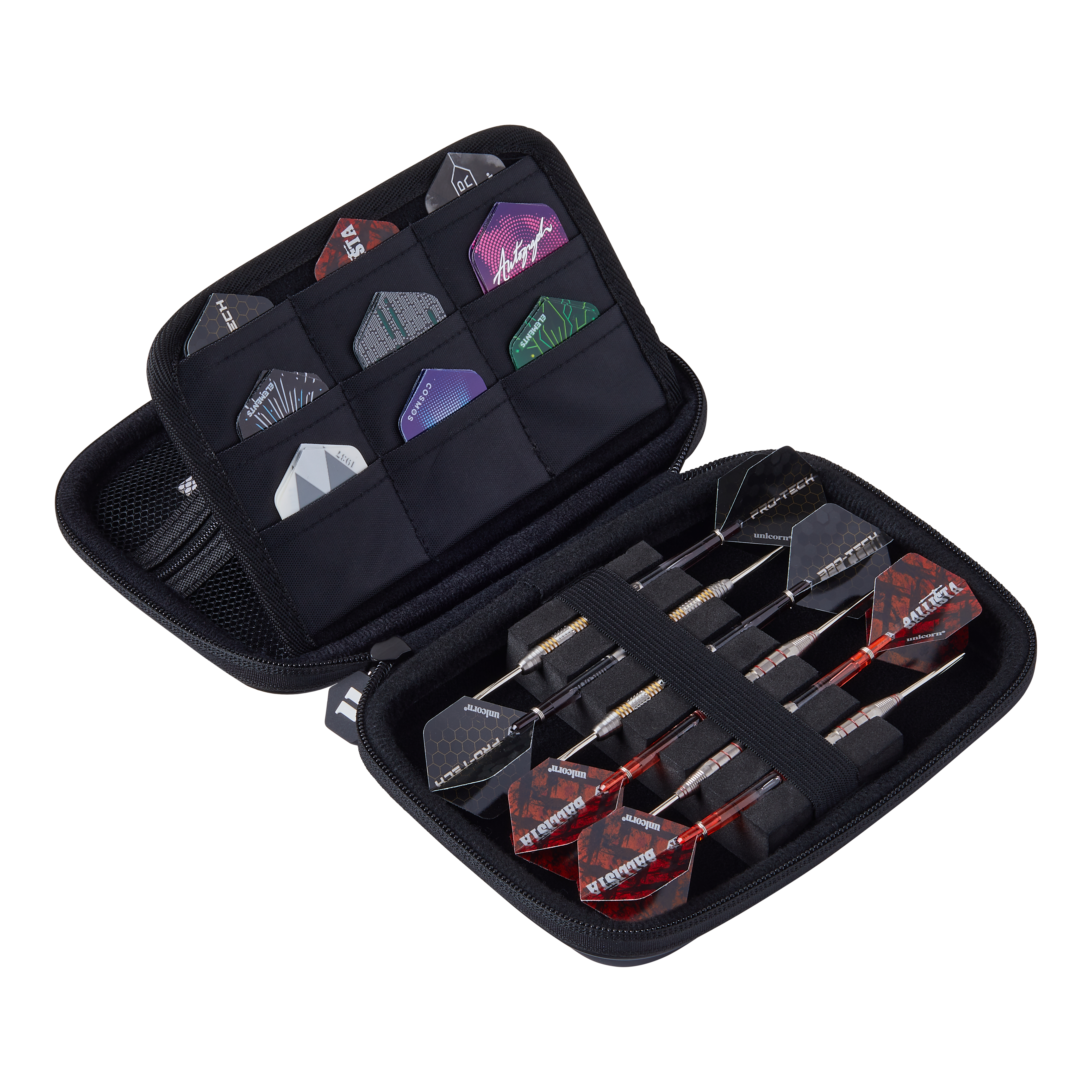 Portafoglio da freccette Unicorn Ultra Gary Anderson Das Bild zeigt das Unicorn Ultra Gary Anderson Dartwallet, eine aufklappbare Tasche für Dartzubehör. In der Tasche sind mehrere Dartpfeile und Flights ordentlich verstaut.