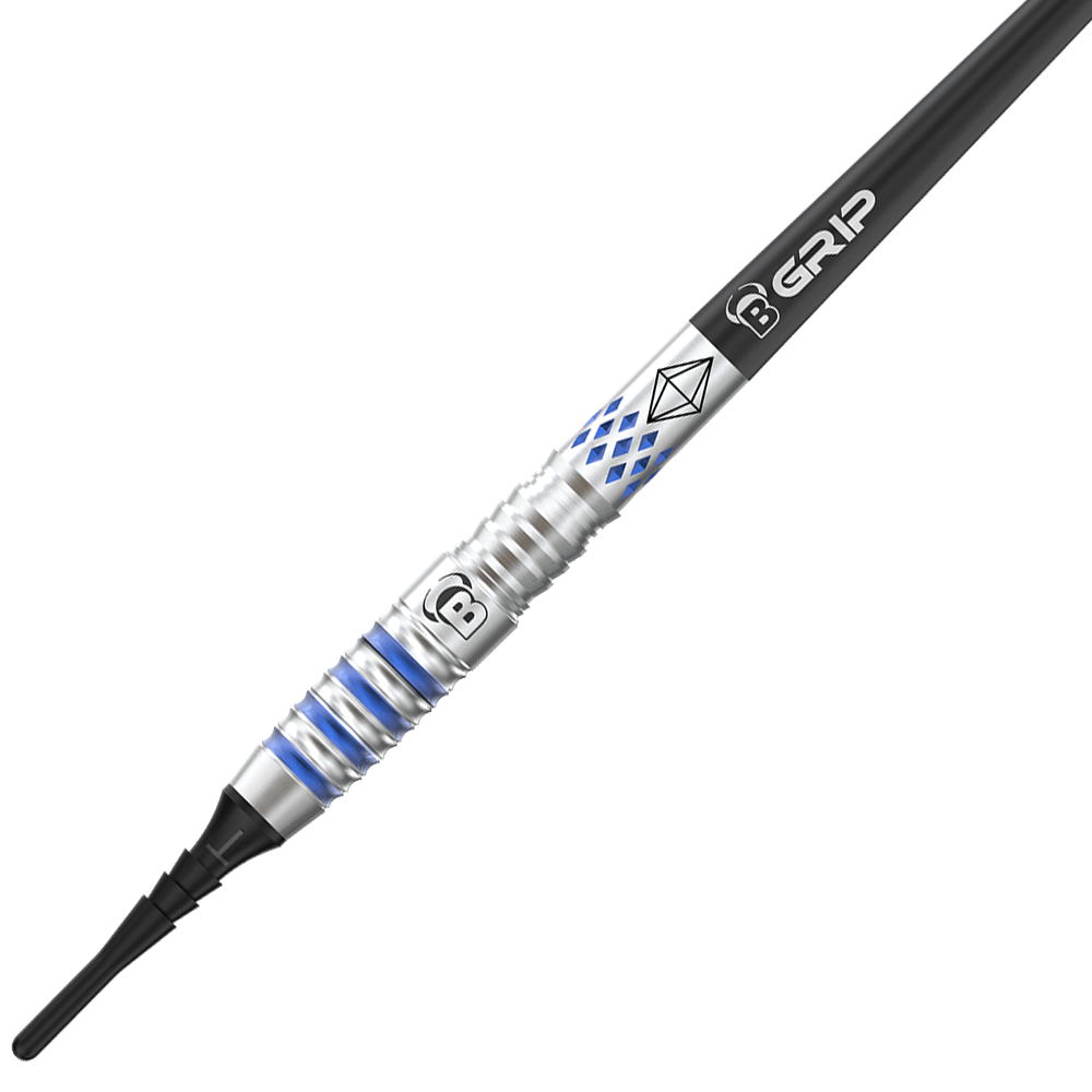 19740_Bulls_Sarah_Milkowski_Softdarts_2 Das Bild zeigt einen Softdart namens "Bulls Sarah Milkowski Softdarts - 20g". Der Dart hat ein silbernes Design mit blauen Akzenten und einer schwarzen Spitze.