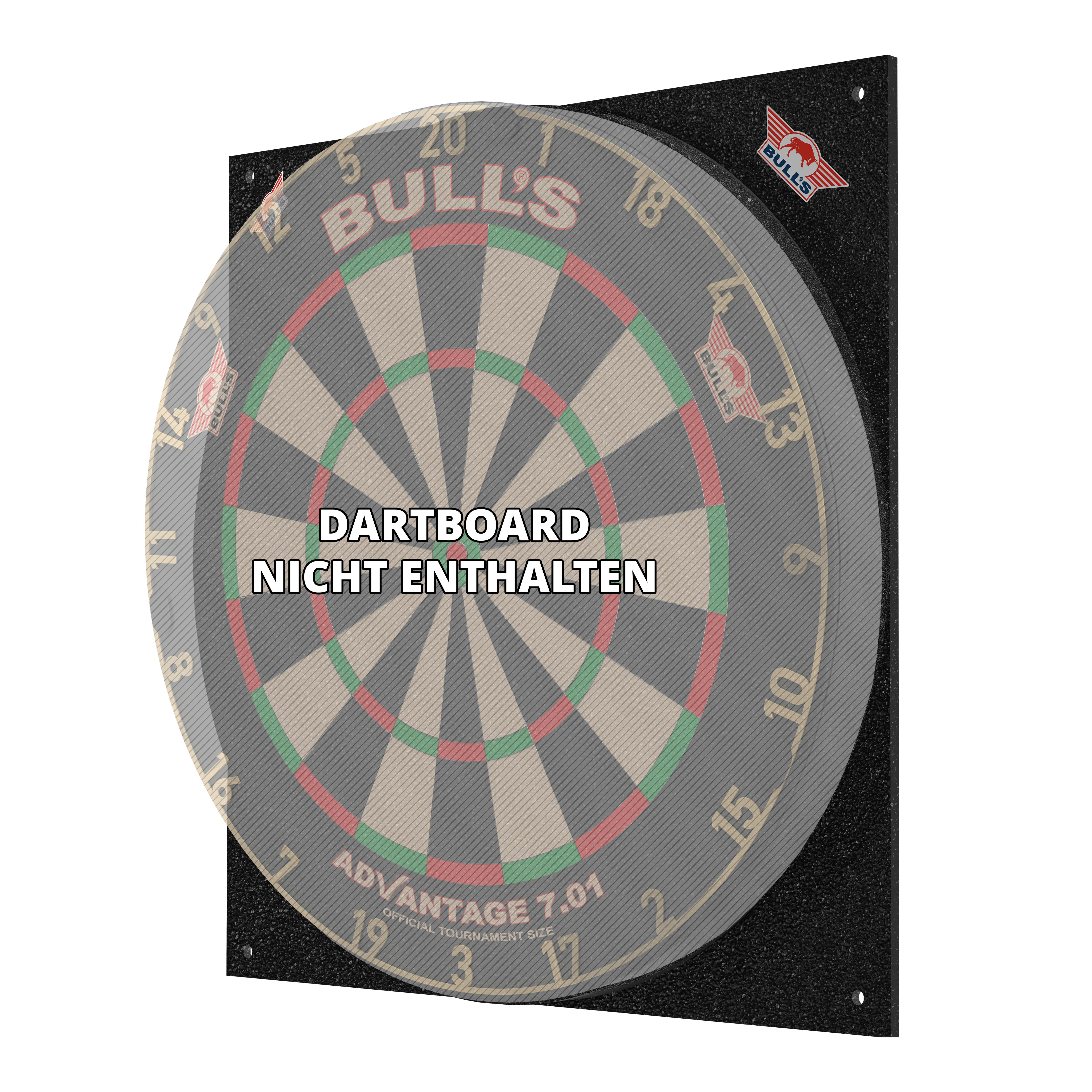 Silenziatore per bersaglio da freccette Bulls NL Das Bild zeigt den Bulls NL Dartboard Silencer, ein schallreduzierendes Board für Dartspiele. Auf dem Bild steht, dass das Dartboard nicht enthalten ist.