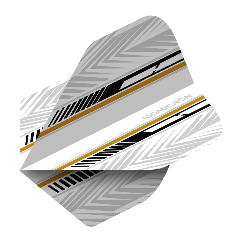 Voli Pentathlon bianchi/neri/oro Das Bild zeigt ein Dartflight mit einem modernen Design in Weiß, Schwarz und Gold. Die Oberfläche ist mit geometrischen Mustern und Streifen verziert.