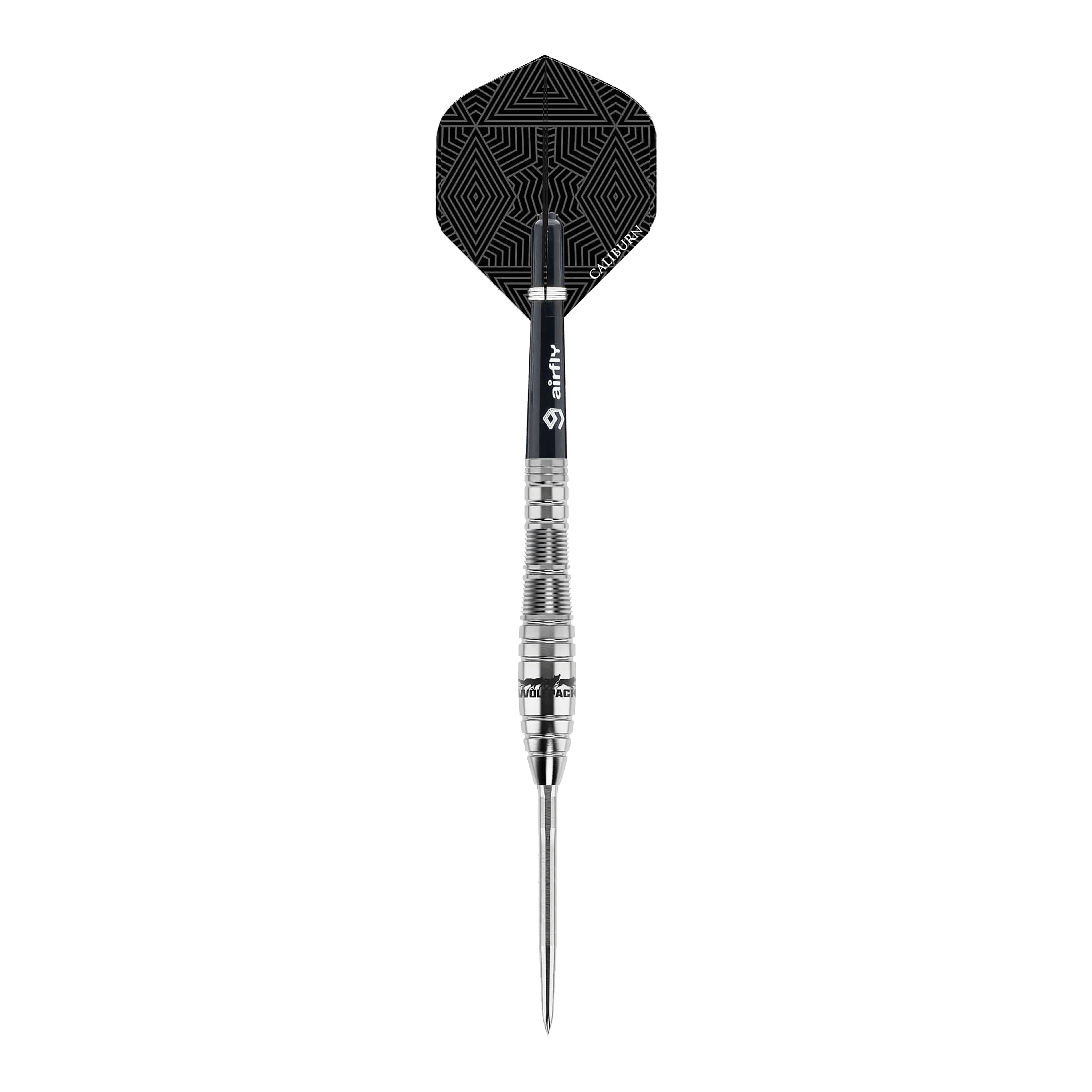 Freccette in acciaio Caliburn Wolfpack W2 - 22 g Dies ist ein Steeldart des Produkts "Caliburn Wolfpack W2" mit einem Gewicht von 22g. Der Dart hat ein silbernes Barrel und einen schwarzen Flight mit geometrischem Muster.