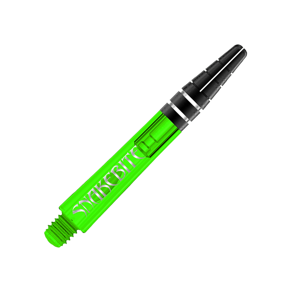 C644_Red_Dragon_Nitrotech_Peter_Wright_Green_Shafts_36mm_2 Das Bild zeigt einen grünen Dartshaft mit der Aufschrift "Snakebite." Es handelt sich um den "Red Dragon Nitrotech Peter Wright Shaft" in der Farbe Grün.
