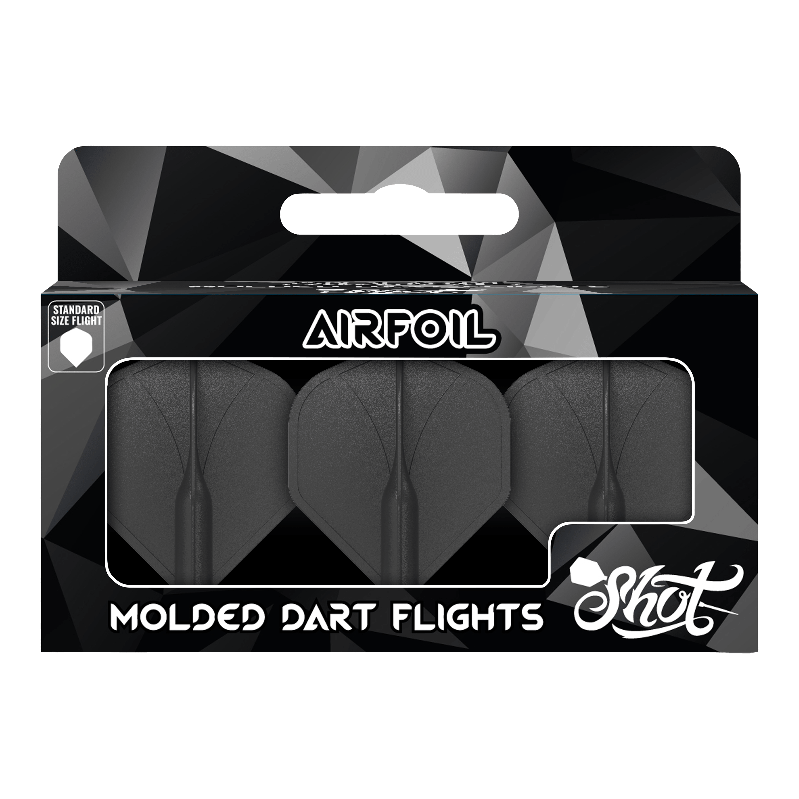 Alette standard n. 2 stampate con profilo alare Shot Auf dem Bild ist eine Packung mit drei schwarzen, geformten Dartflights zu sehen. Die Verpackung trägt die Aufschrift „Airfoil“ und „Molded Dart Flights“ der Marke Shot.
