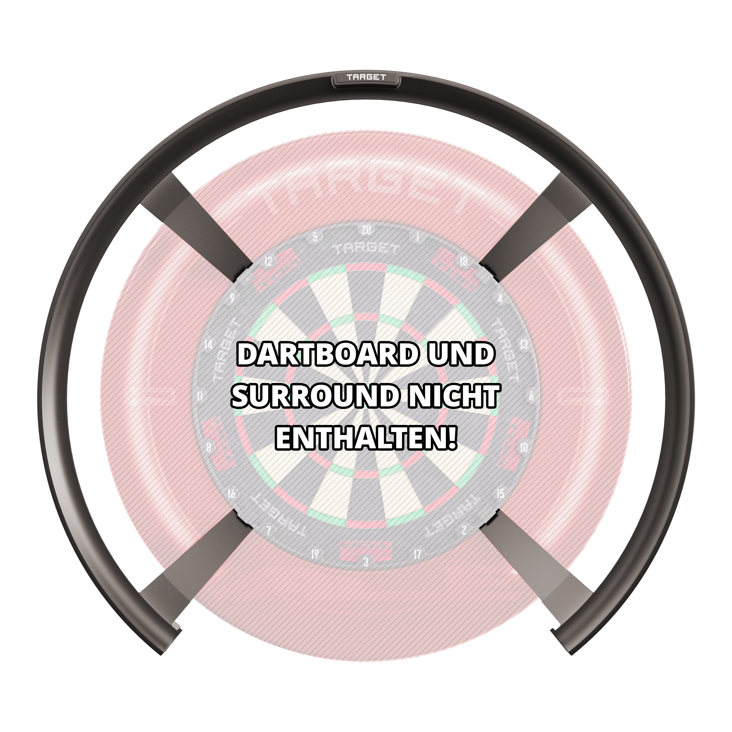 Sistema di punteggio automatico Target OMNI Das Bild zeigt das Produkt "Target OMNI Auto-Scoring-System" vor einem Dartboard. In der Mitte steht der Hinweis: "DARTBOARD UND SURROUND NICHT ENTHALTEN!"