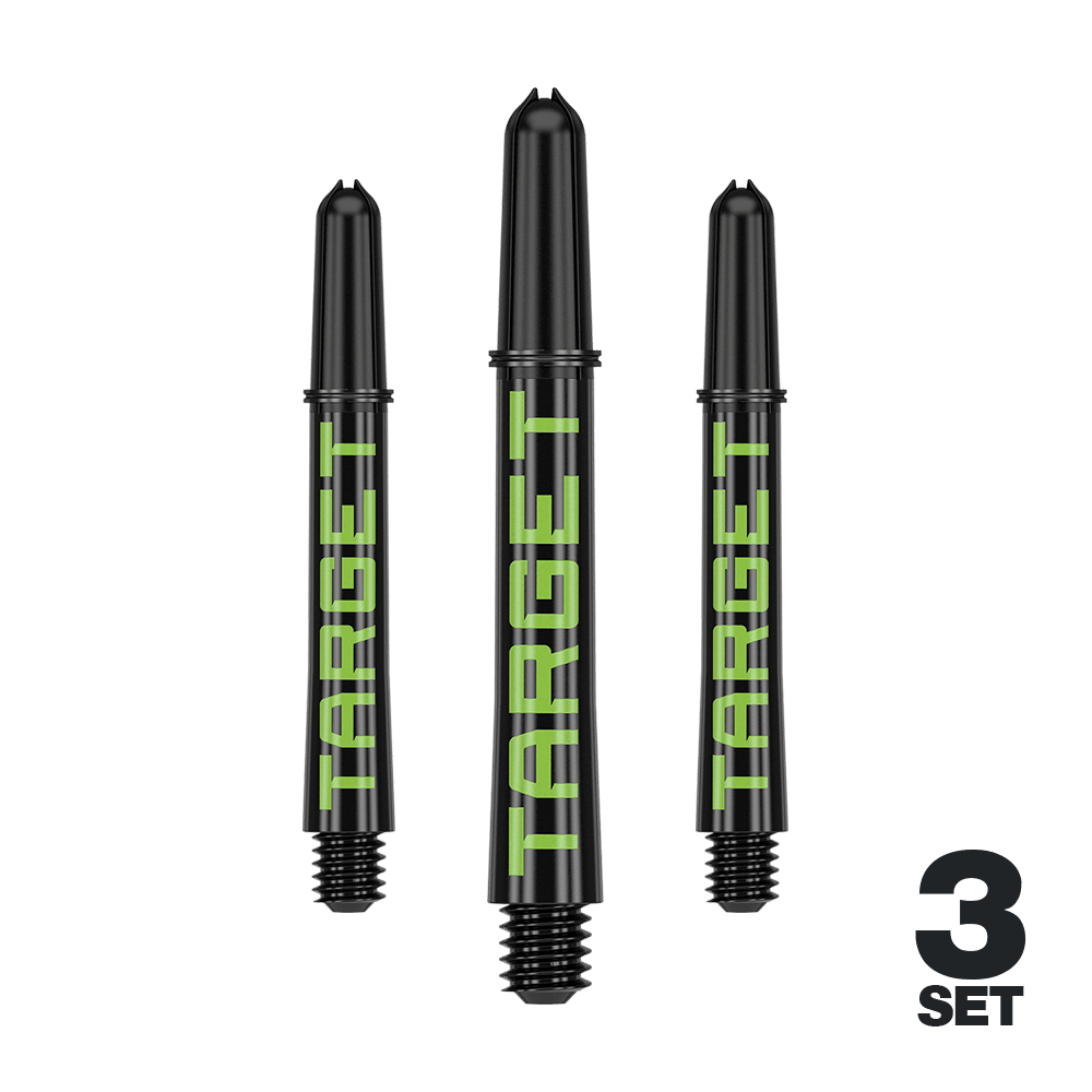 Aste Target Pro Grip TAG - 3 set - Nero Verde Das Bild zeigt drei schwarze Dart-Schäfte mit grünem Schriftzug "TARGET". Unten rechts steht "3 SET", was auf ein Set von drei Stück hinweist.