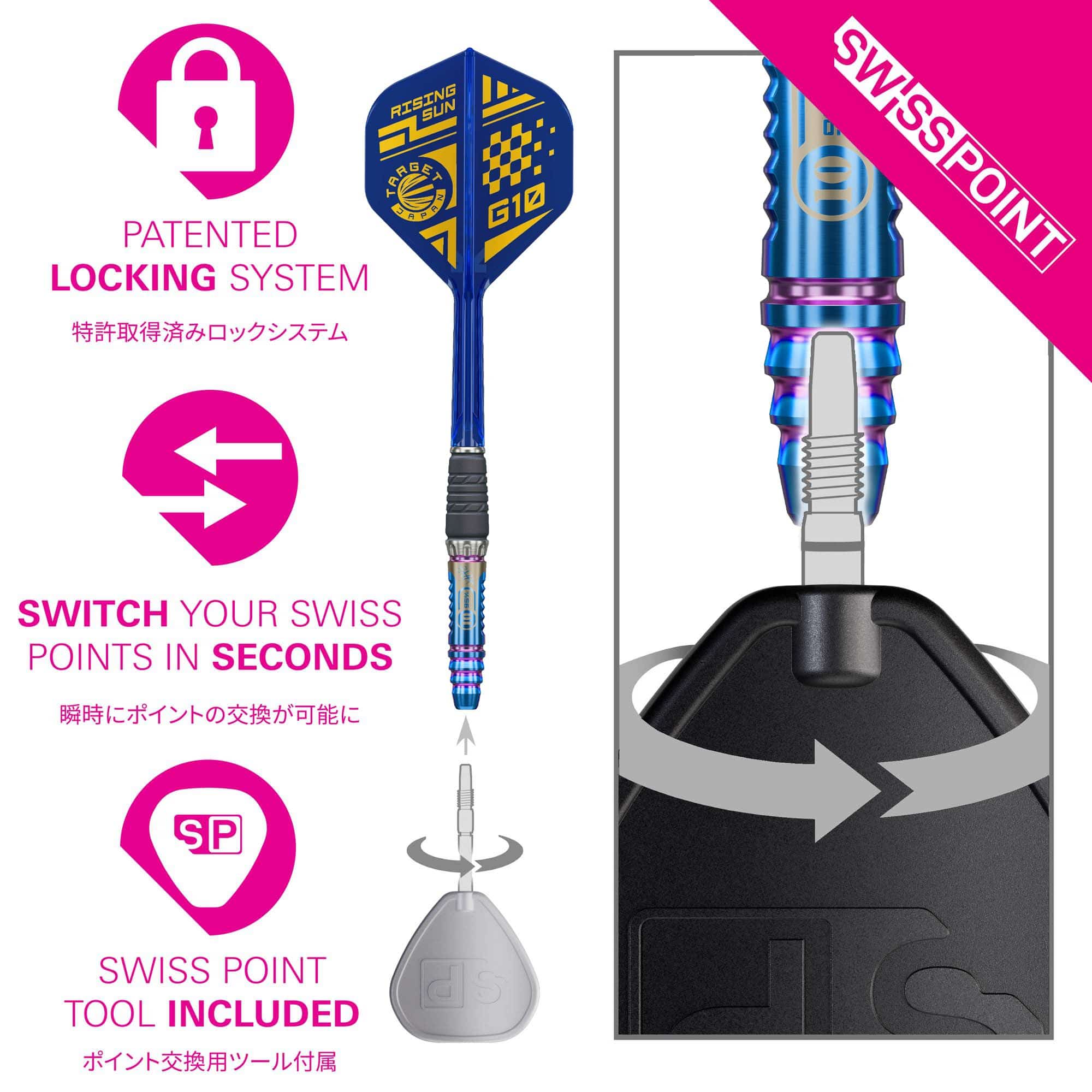 Freccette in acciaio Target Japan Rising Sun GEN10 Swiss Point Hier wird das Produkt Target Japan Rising Sun GEN10 Swiss Point Steeldarts dargestellt. Diese Darts bieten ein modernes Design und professionelle Qualität.