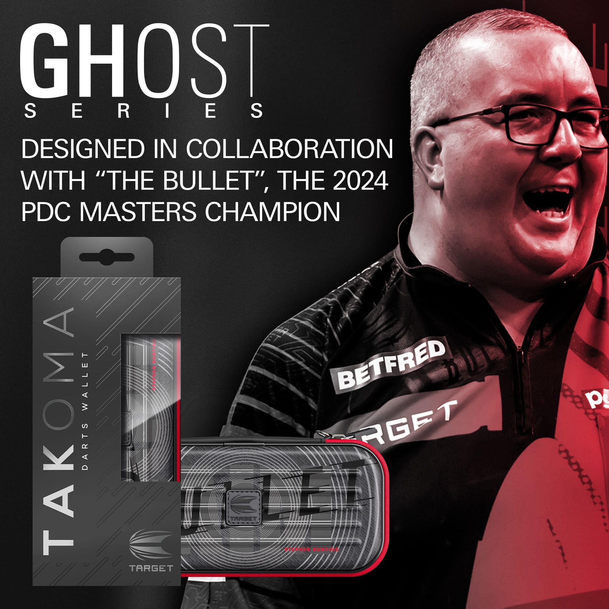 Custodia per freccette Stephen Bunting della serie Ghost di Takoma Dieses Bild stellt das Takoma Ghost Series Stephen Bunting Dartcase dar. Es ist ein hochwertiges Dartcase aus einer speziellen Serie.
