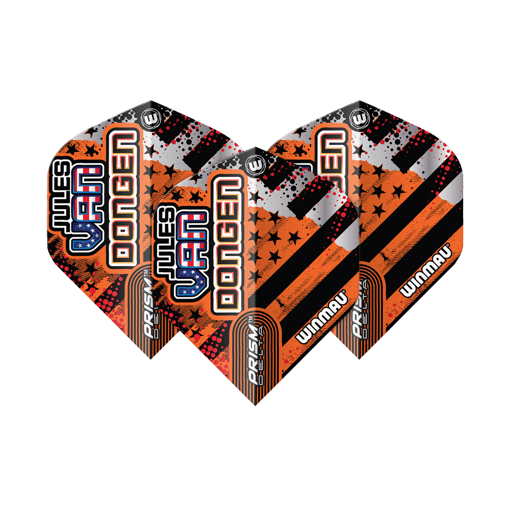 Voli standard Winmau Prism Delta Jules Van Dongen Das Bild zeigt drei Dartflights des Modells "Winmau Prism Delta Jules Van Dongen Standard Flights". Die Flights sind in Schwarz, Orange und Silber gestaltet und tragen den Namen "Jules Van Dongen".