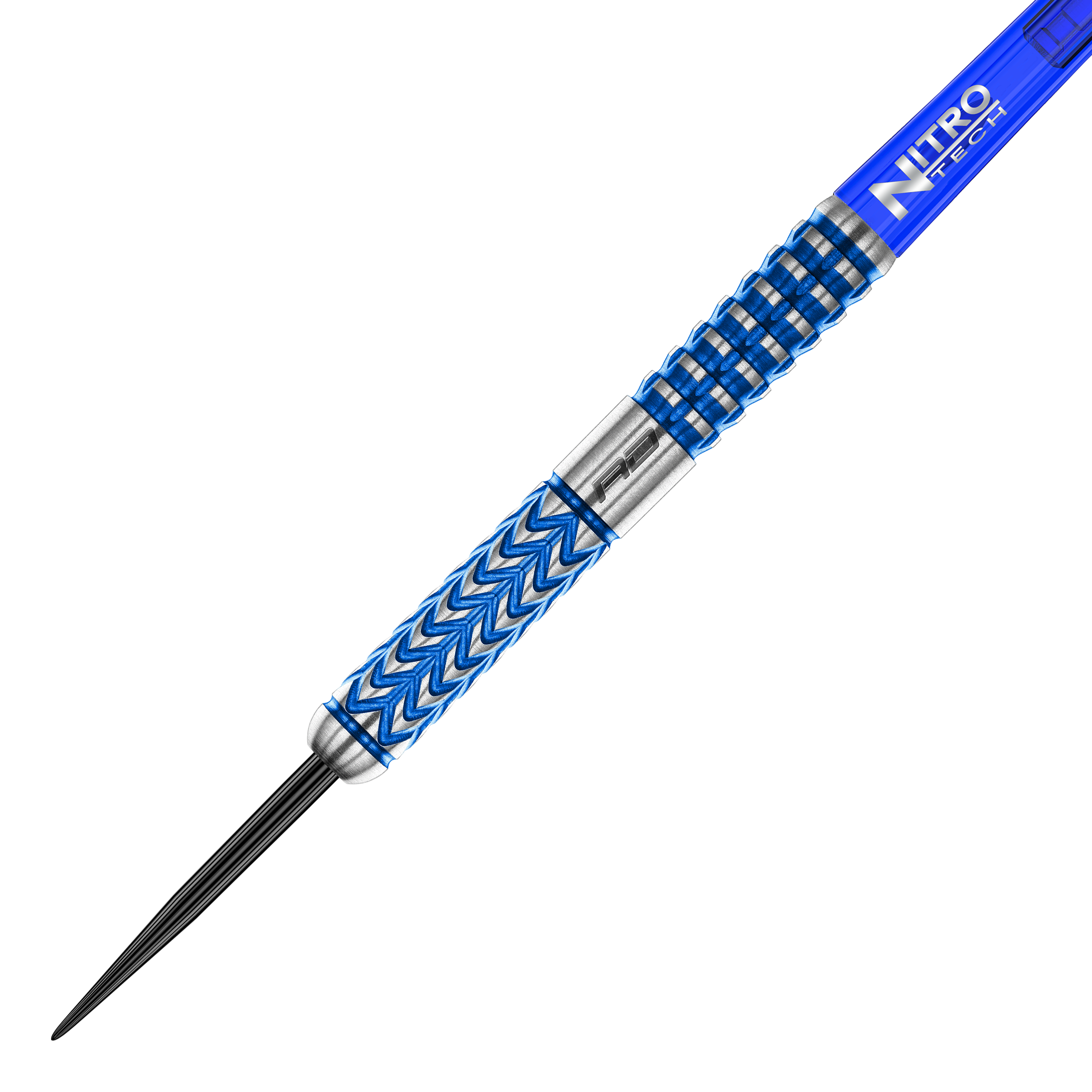 Freccette in acciaio Red Dragon Gerwyn Price Glacier Das Bild zeigt einen stilvollen Steeldart mit blauen und silbernen Akzenten. Der Schaft trägt die Aufschrift „Nitro Tech“ und das Dartdesign ist modern und griffig.