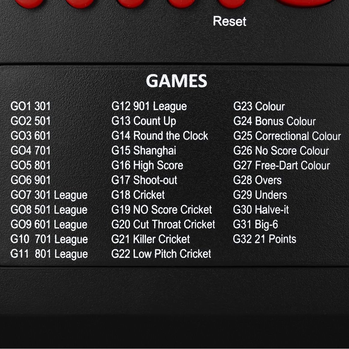Contatore di freccette XQMax Dublin Das Bild zeigt eine Spieleliste auf dem XQMax Dublin Dart Counter. Es sind verschiedene Dartspiele mit ihren jeweiligen Spielnummern zu sehen.