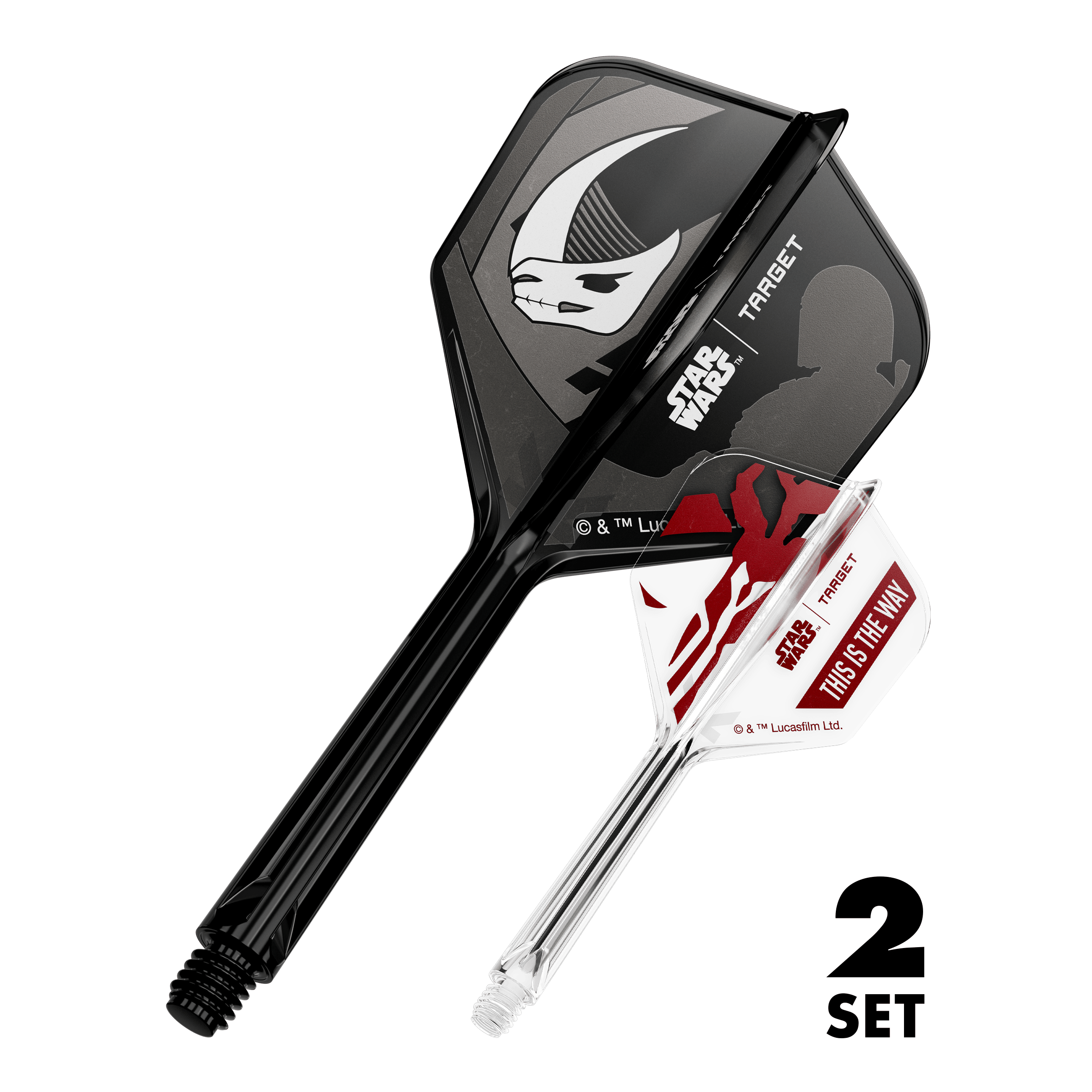 Set Target Star Wars K-Flex Mandalorian No6 Flights Das Bild zeigt den Artikel '410625_Target_StarWars_K-Flex_Mandalorian_2PackSet_No6_Flights_33mm_1'. Es handelt sich wahrscheinlich um Dart-Flights mit Star Wars Mandalorian Motiv.
