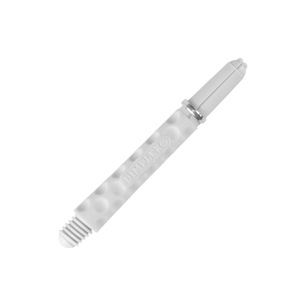 Harrows Dimplex Shafts - Weiß Das Bild zeigt einen weißen Dart-Schaft mit einer genoppten Oberfläche. Auf dem Schaft steht das Wort "DIMPLEX®".
