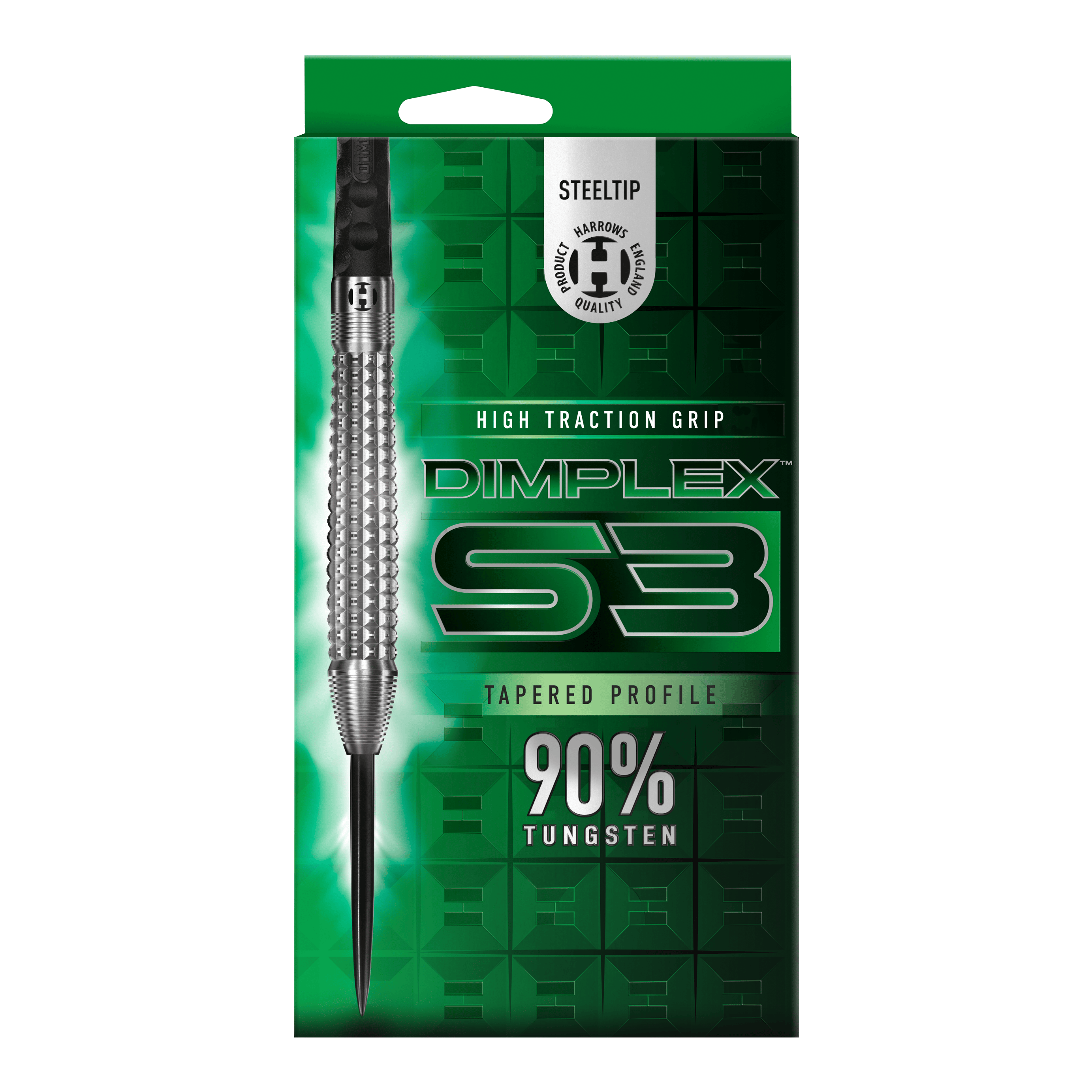 Freccette in acciaio conico Harrows Dimplex S3 Mehrere Harrows Dimplex S3 Tapered Steeldarts sind aus verschiedenen Blickwinkeln zu sehen. Die Darts sind farbig gestaltet.