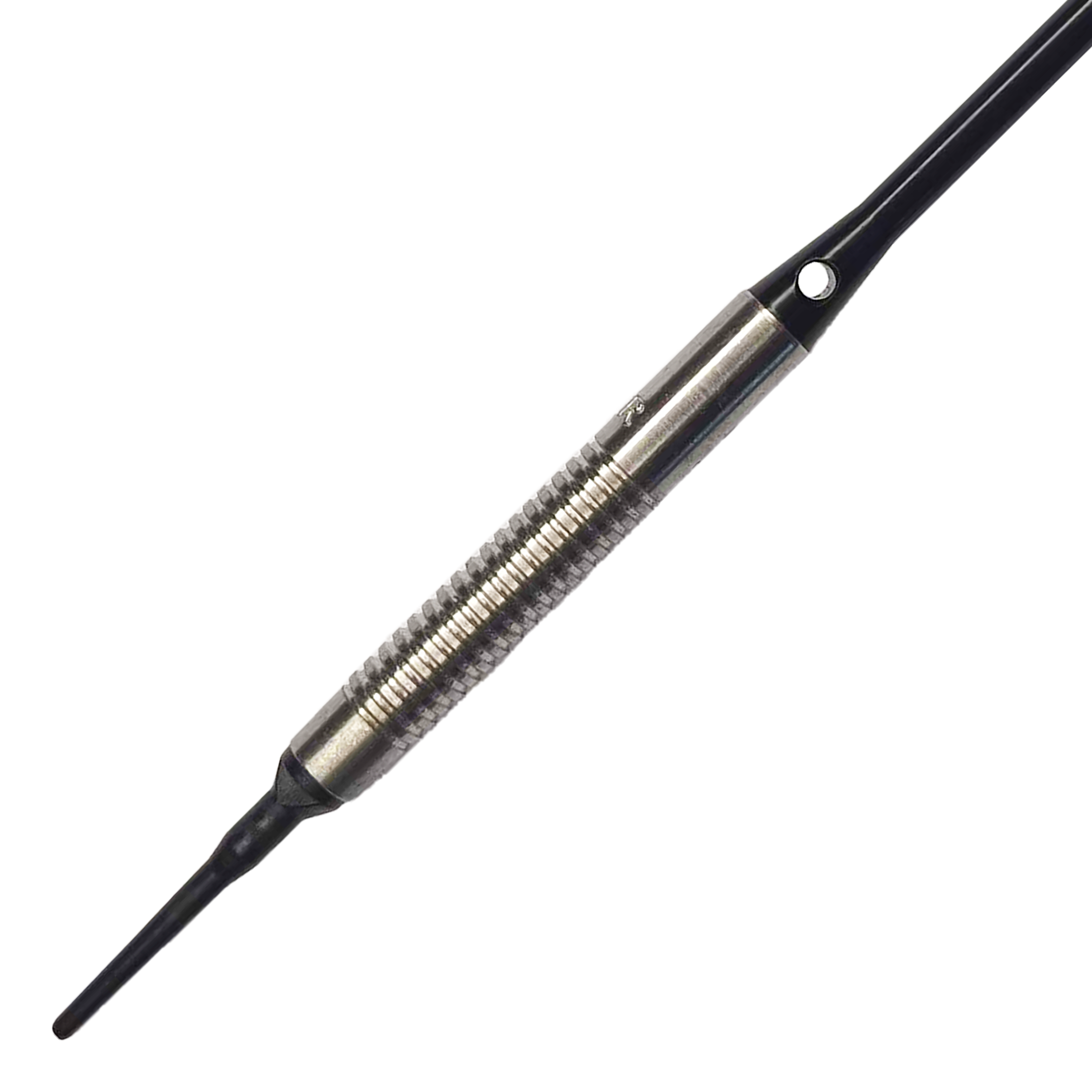 Freccette morbide McDart 85 Tungsten V8 - 18,5 g Das Bild zeigt einen McDart 85er Tungsten V8 Softdart mit einem Gewicht von 18,5 Gramm. Der Dart besteht aus silberfarbenem Metall mit einer geriffelten Griffzone und einer schwarzen Spitze.