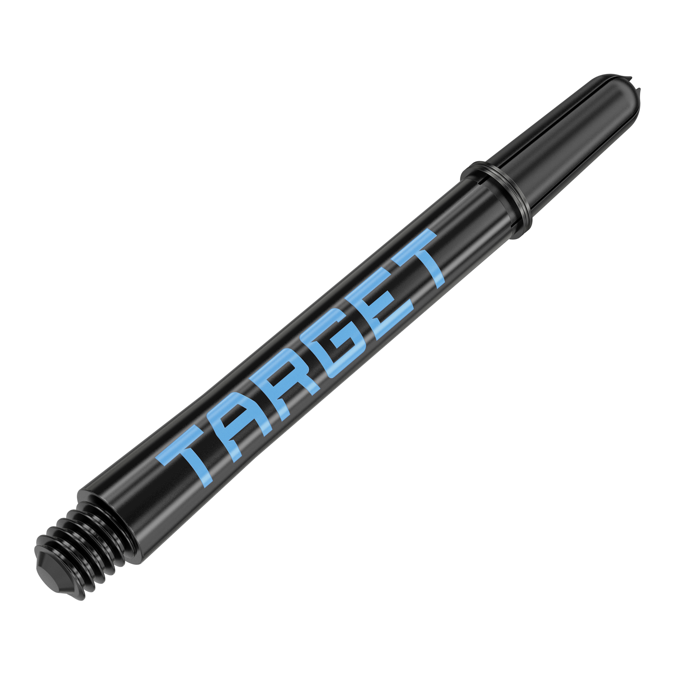Aste Target Pro Grip TAG - 3 set - Nero Blu Das Bild zeigt einen schwarzen Dart-Schaft mit blauer Schrift, auf dem "TARGET" steht. Der Schaft hat ein Gewinde am Ende zur Befestigung am Dartpfeil.