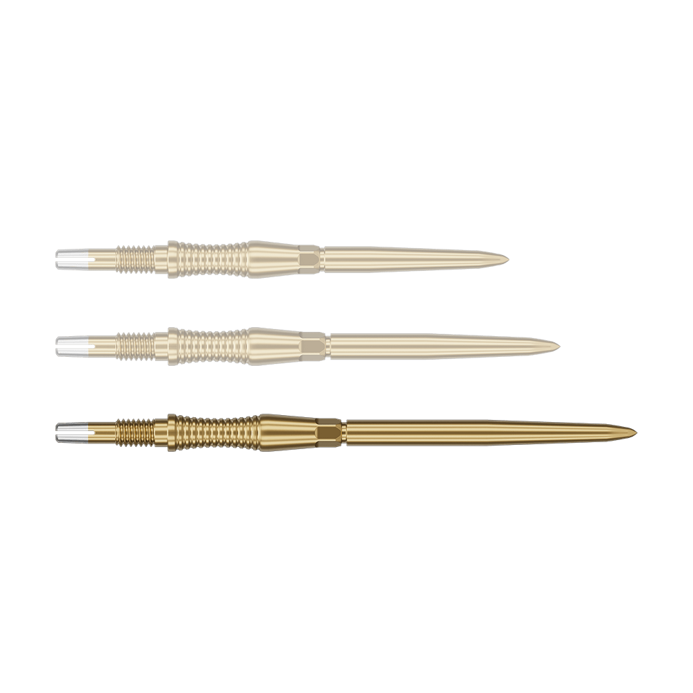Das Bild zeigt eine Target Swiss Point Dartspitze Signature RST in Gold, 42mm. Diese Dartspitze ist länglich und für professionelle Anwendungen konzipiert.