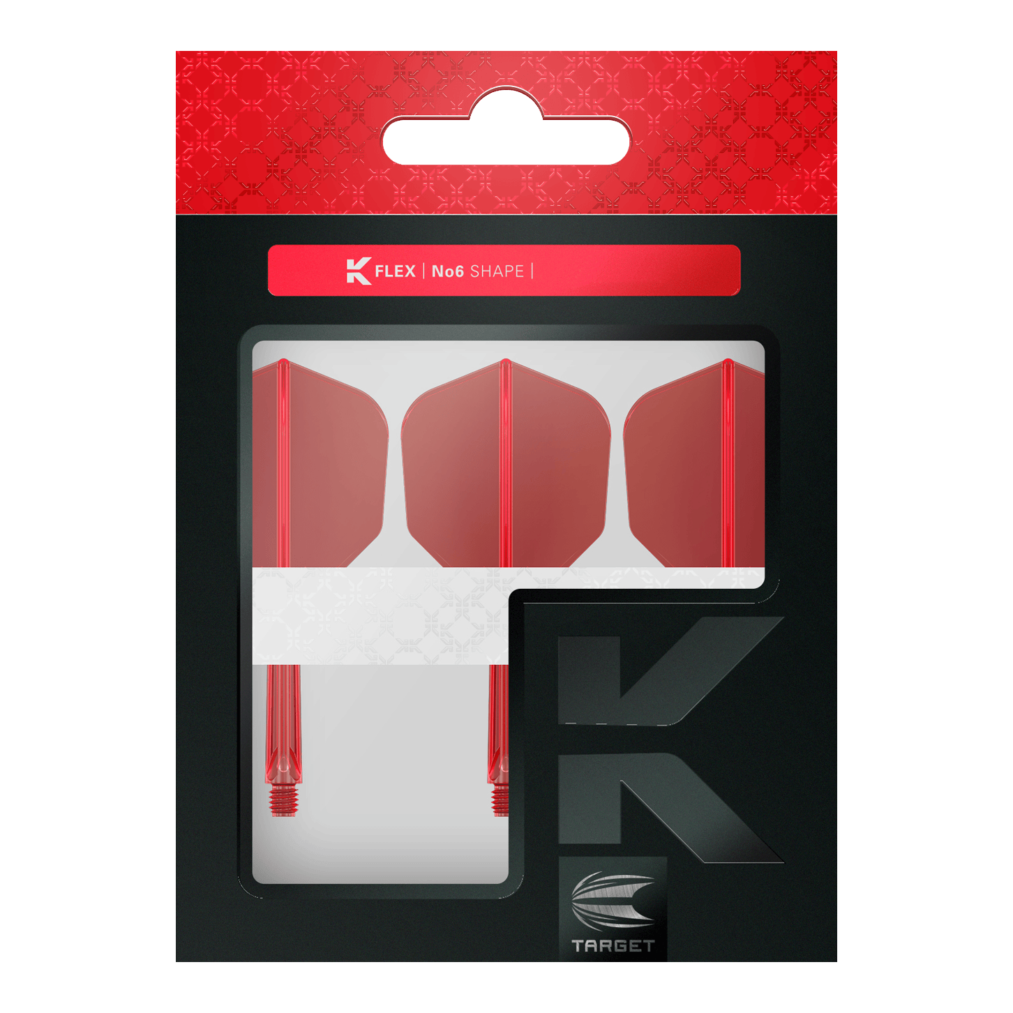 Sistema di volo Target K-Flex No6 - Rosso Das Bild zeigt eine Verpackung mit drei roten Dartflights und Schäften. Die Marke "Target" und die Produktbezeichnung "K-Flex No6 Shape" sind auf der Verpackung sichtbar.