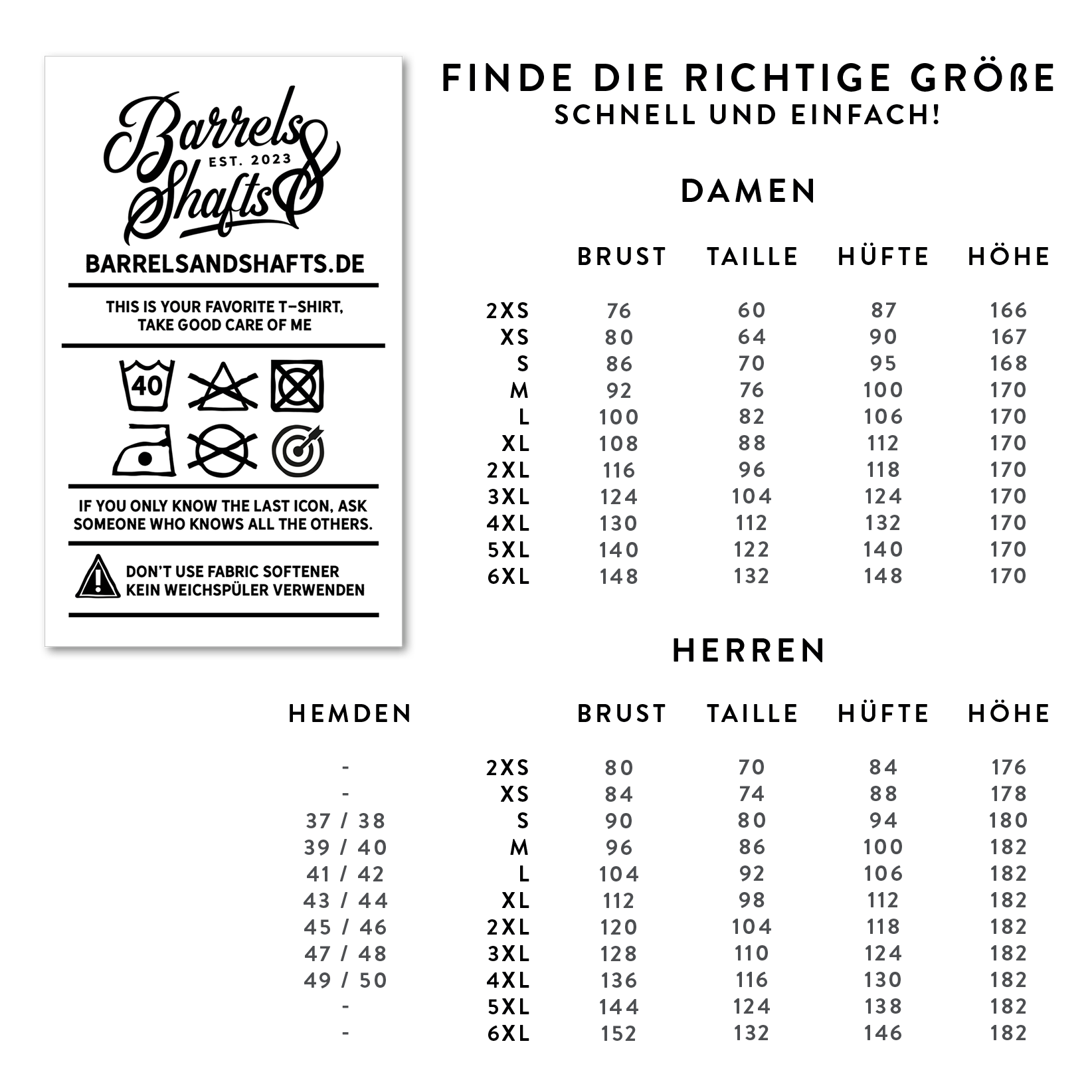 T-shirt da donna Barili e Alberi - Nera Das Bild zeigt eine Größentabelle für Damen- und Herren-T-Shirts der Marke "Barrels and Shafts". Links sind Pflegehinweise für das T-Shirt abgebildet, rechts finden sich die Maße für die verschiedenen Größen.