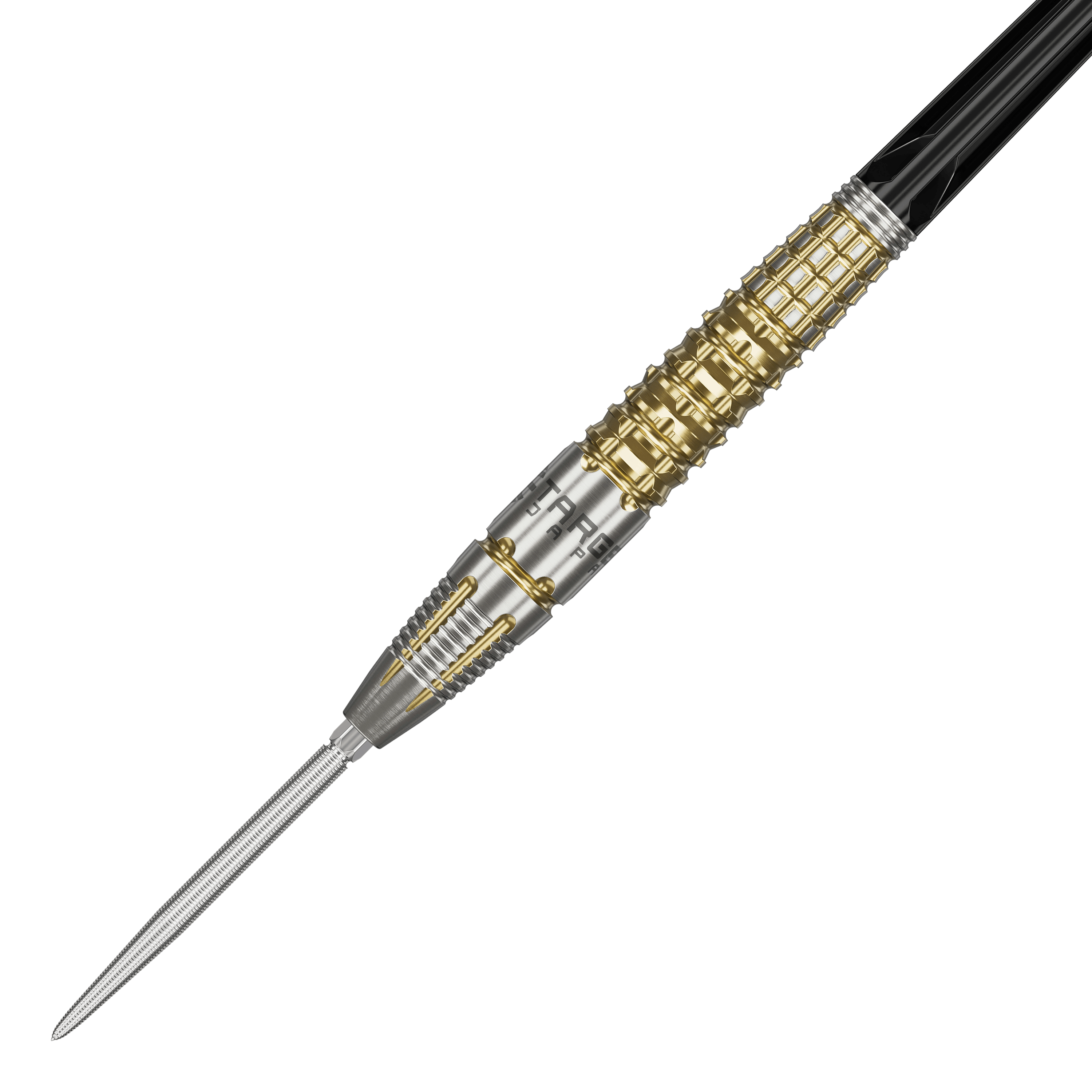 Freccette in acciaio Target Black Marque Warrior Swiss Point Das Bild zeigt einen Target Black Marque Warrior Swiss Point Steeldart. Der Dart ist silber und goldfarben mit auffälligen Rillen und einem spitzen Metallende.