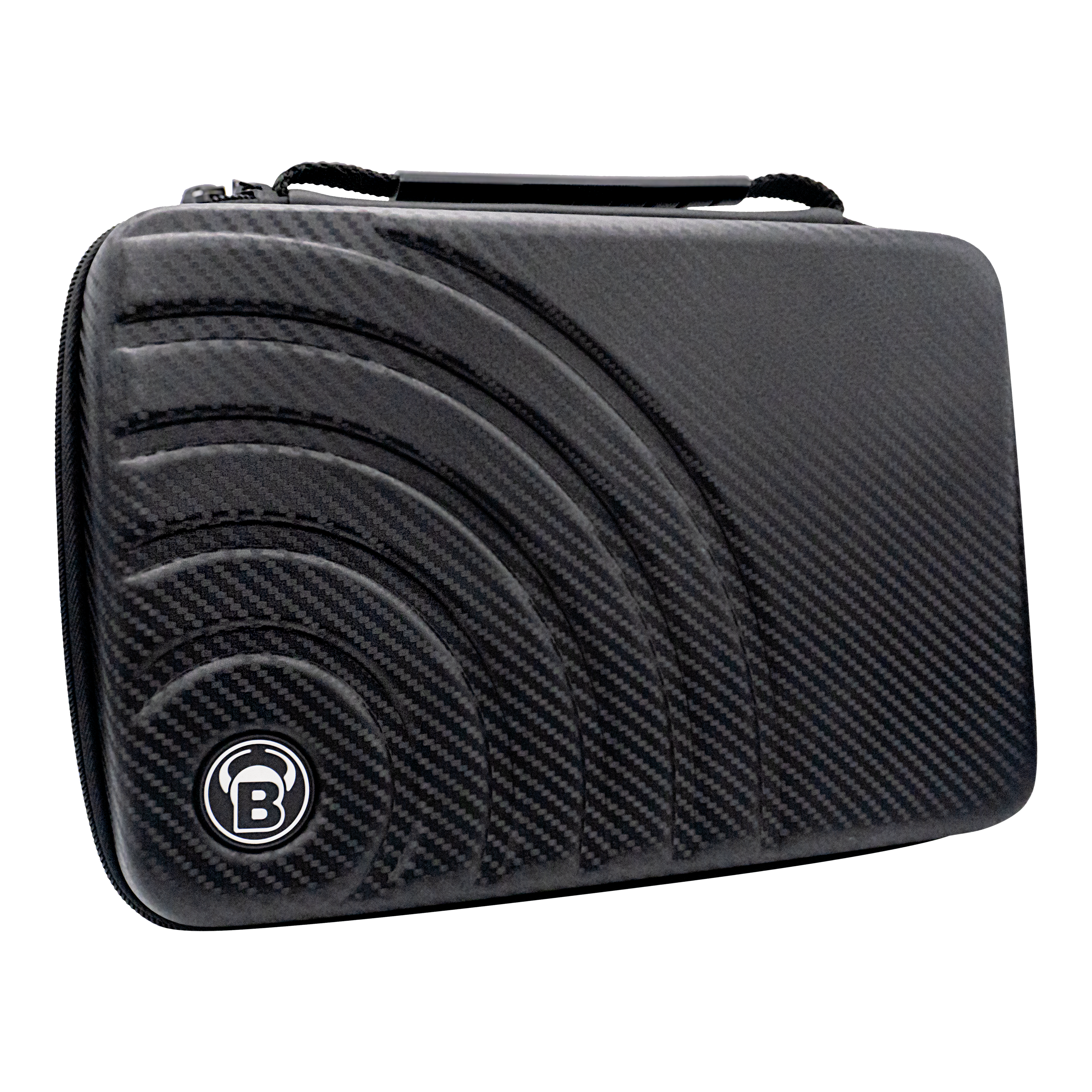 Custodia per freccette Bulls Orbis XXL - grigio carbonio Das Bild zeigt das "Bulls Orbis XXL Dartcase" in Carbongrau. Das Etui hat ein modernes, karbonähnliches Design mit einem eingelassenen Muster und dem Bulls-Logo.