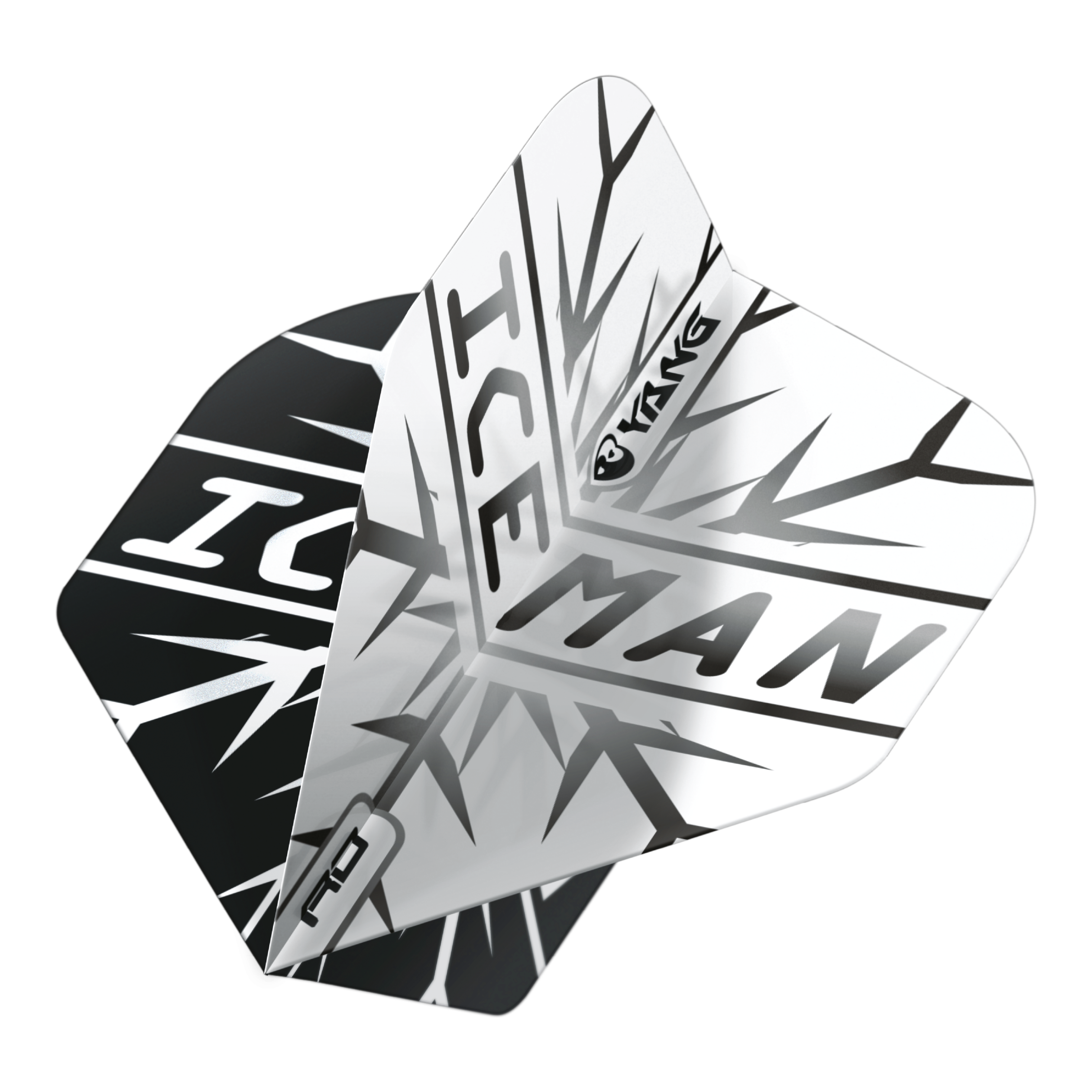 Red Dragon Gerwyn Price Iceman Nero Bianco Yin Yang Voli Standard Das Bild zeigt zwei Dartflights in Schwarz und Weiß mit dem Schriftzug "ICEMAN" und einem auffälligen Eismuster. Auf den Flights ist zudem das Wort "Yin Yang" zu sehen.